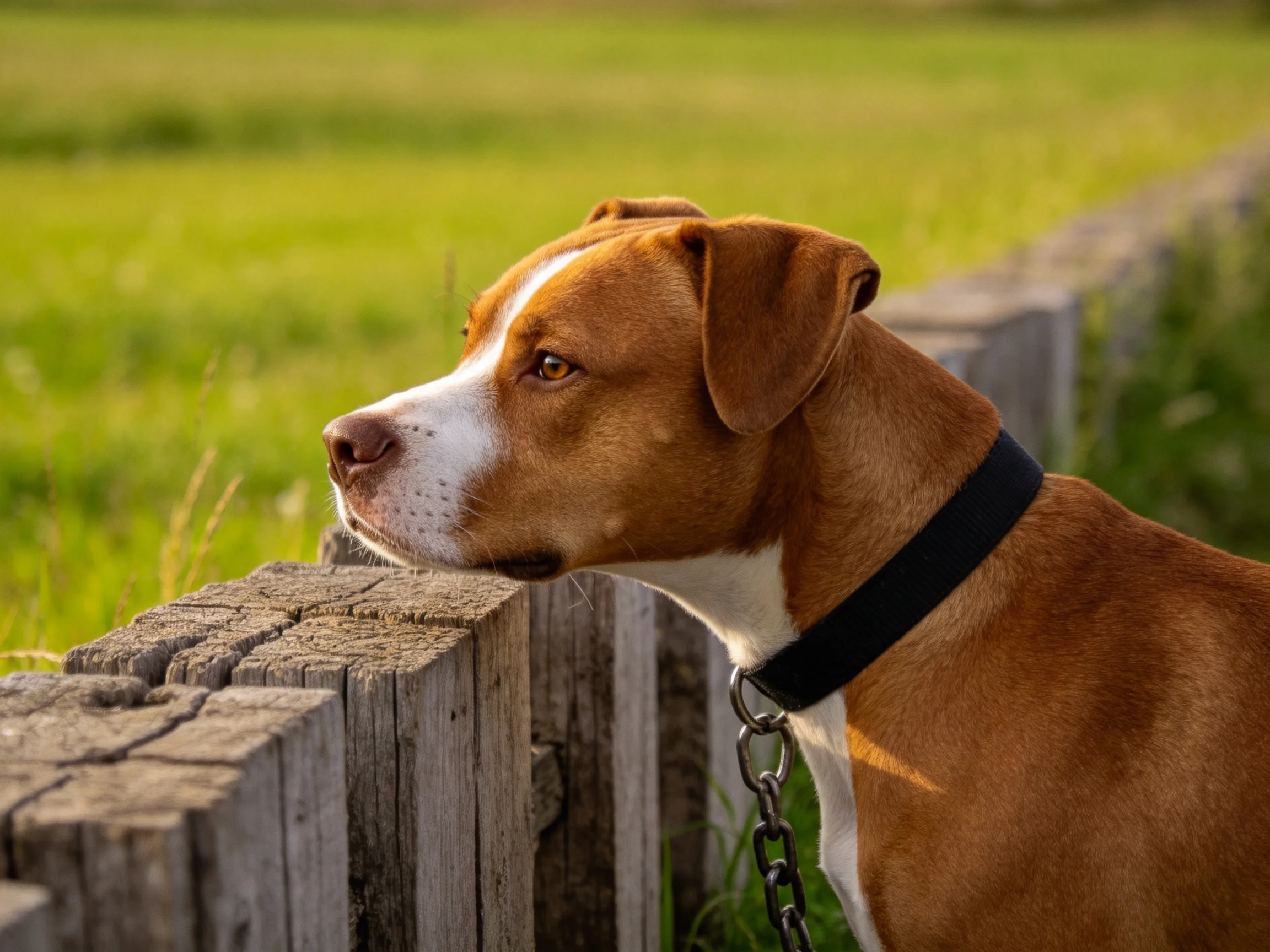 棕白相间的混血犬将头探过木栅栏,目光注视远方,黑色项圈清晰可见。