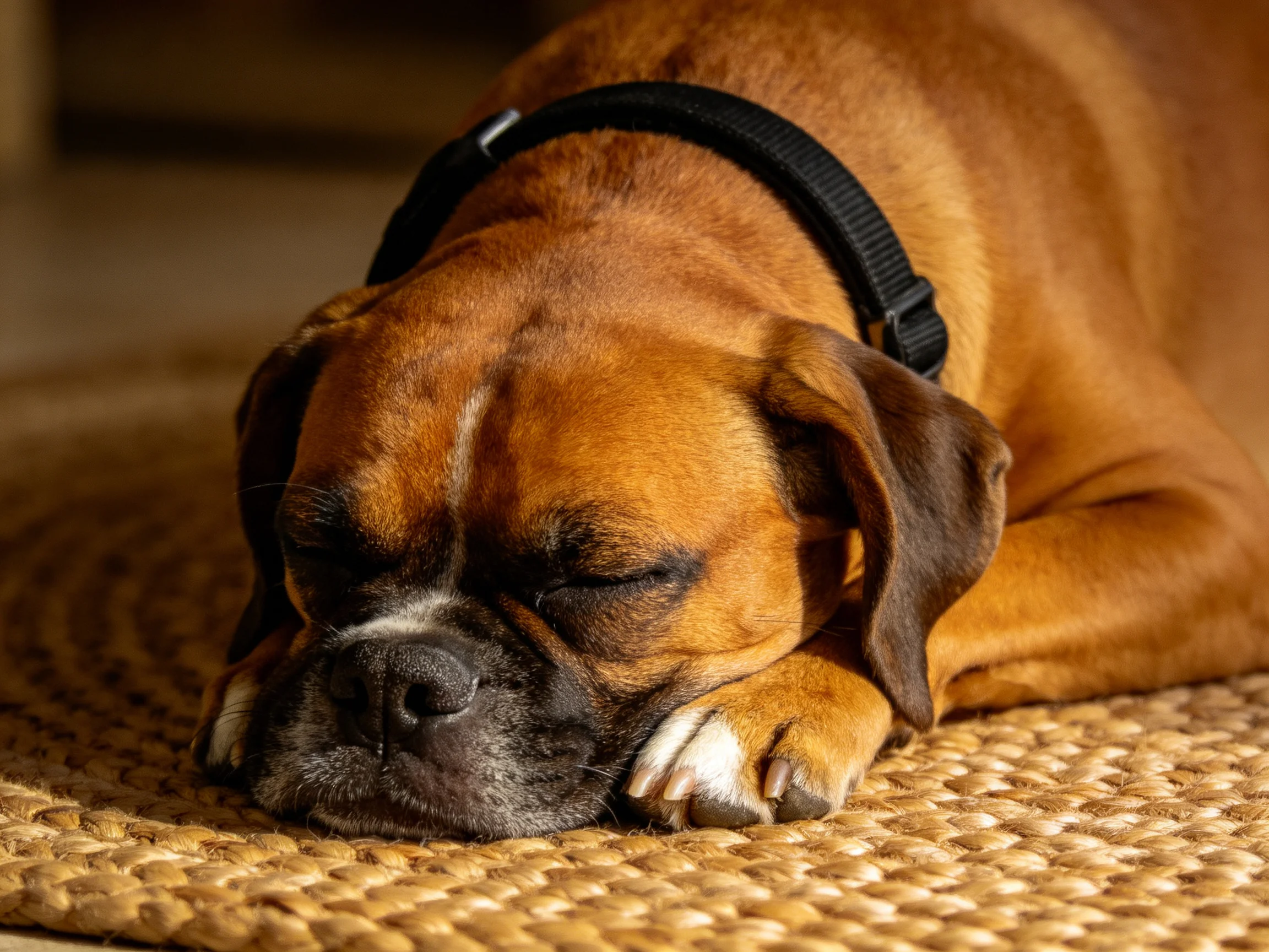 拳师犬安静地趴在编织垫上,双眼紧闭,棕黑相间的皮毛清晰可见。