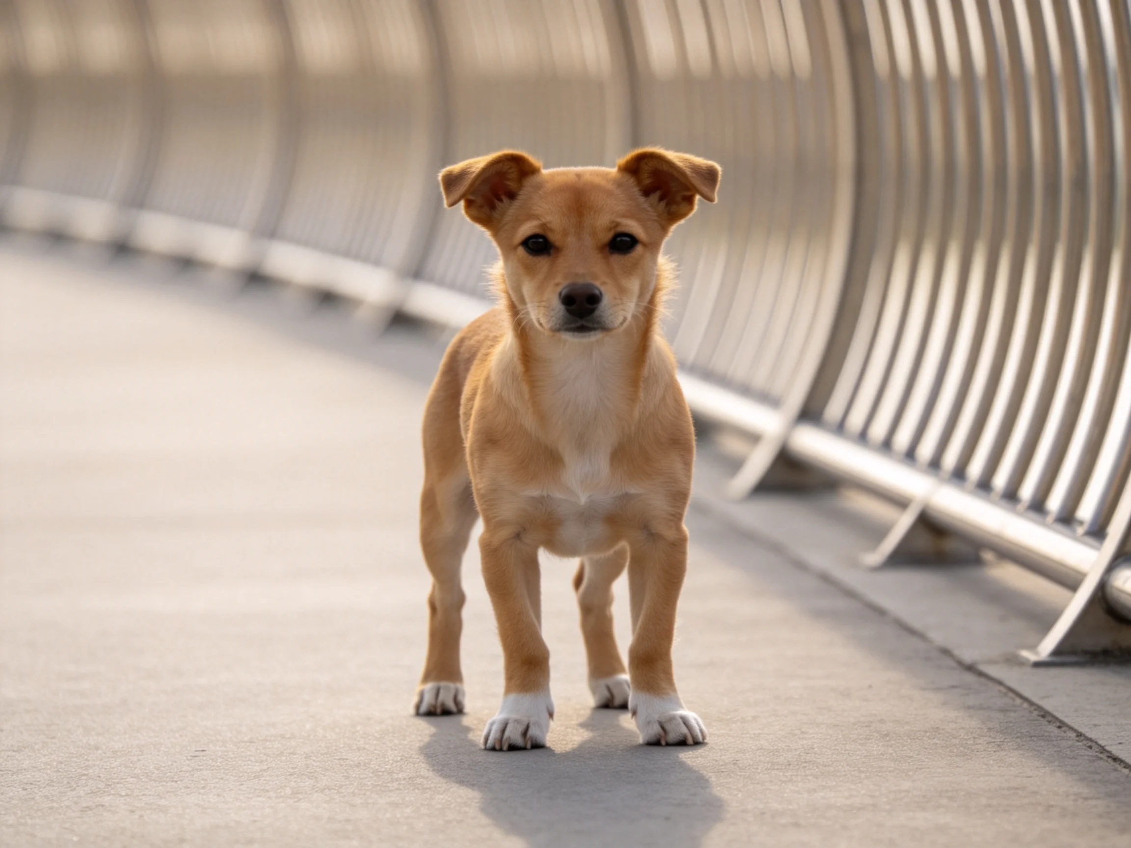 小型混种犬有着浅棕色毛发和白色爪部,正站在现代桥梁步道上。