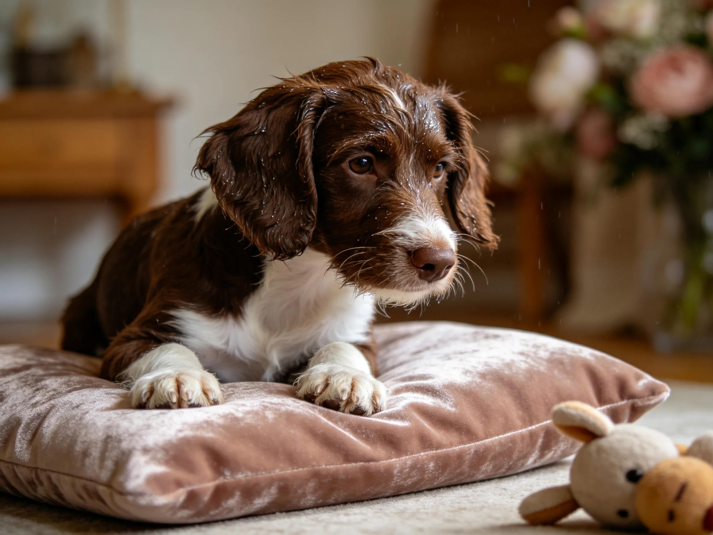 短毛卷耳猎犬幼崽毛发湿润贴在额头上,旁边放置着浅色毛绒玩具。
