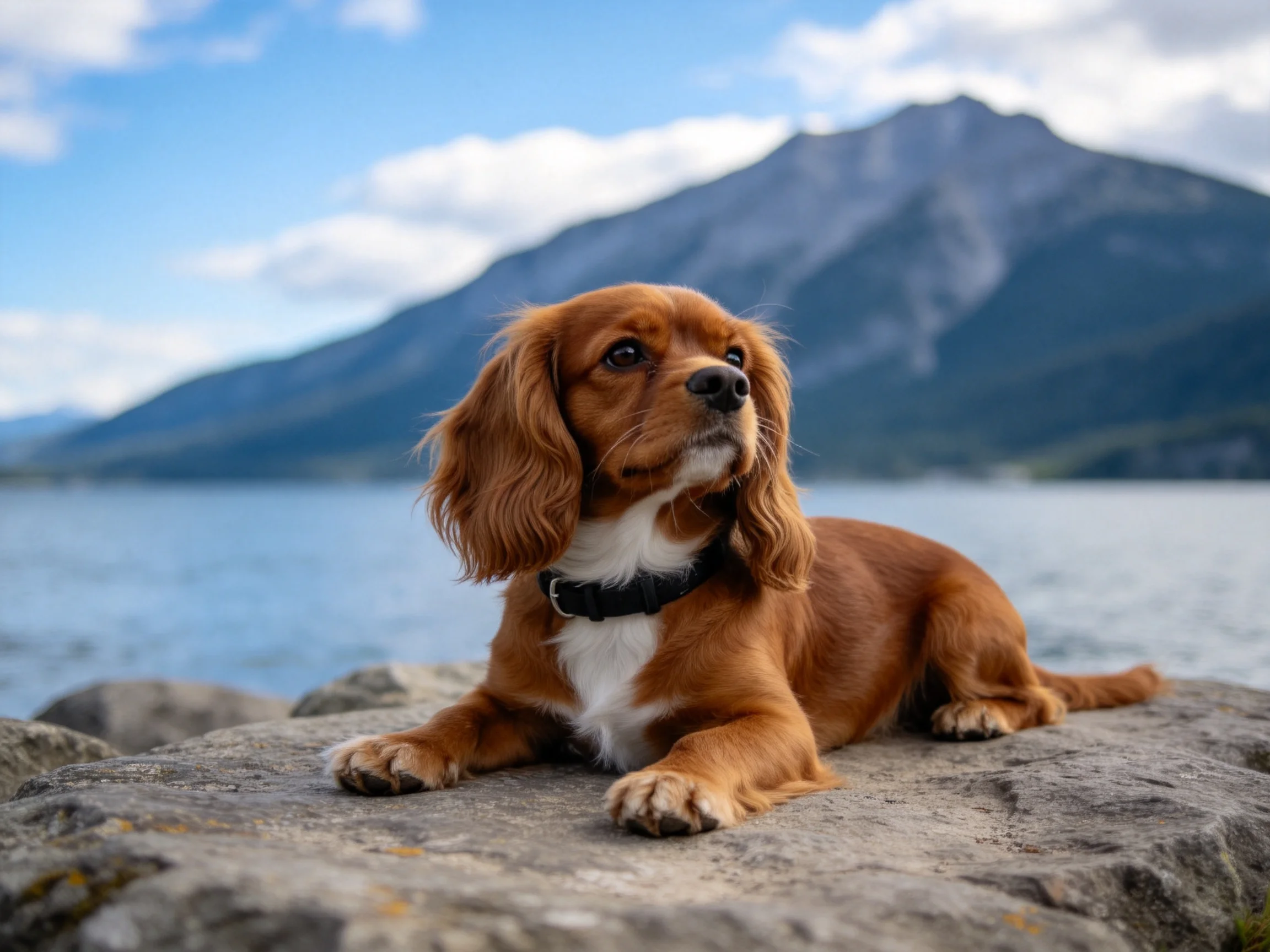可卡犬安静趴卧在岩石上,棕白色毛发清晰可见,周围山水景色开阔。