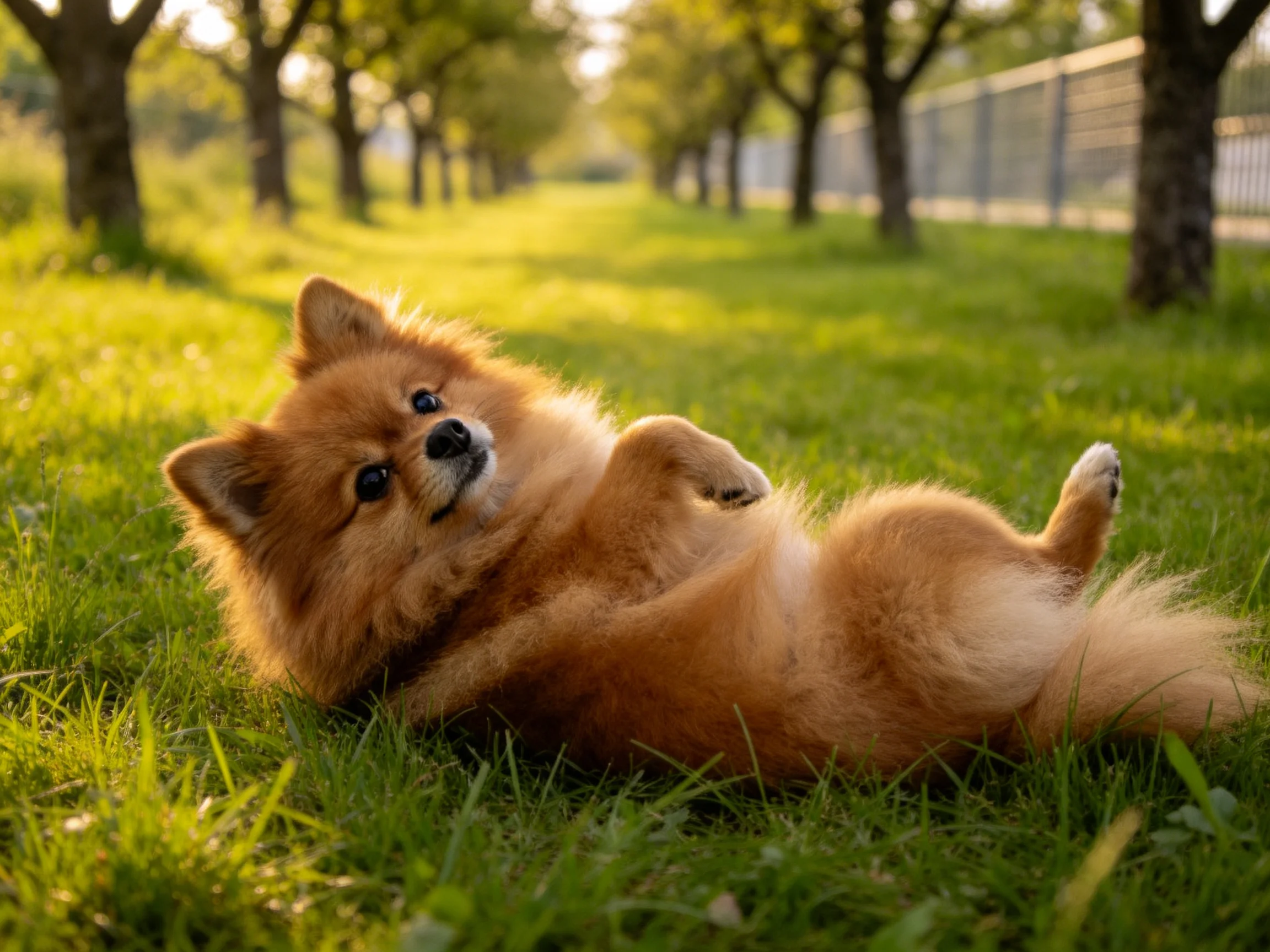金棕色博美犬仰卧在草地上,毛发蓬松柔软,眼神明亮可爱。