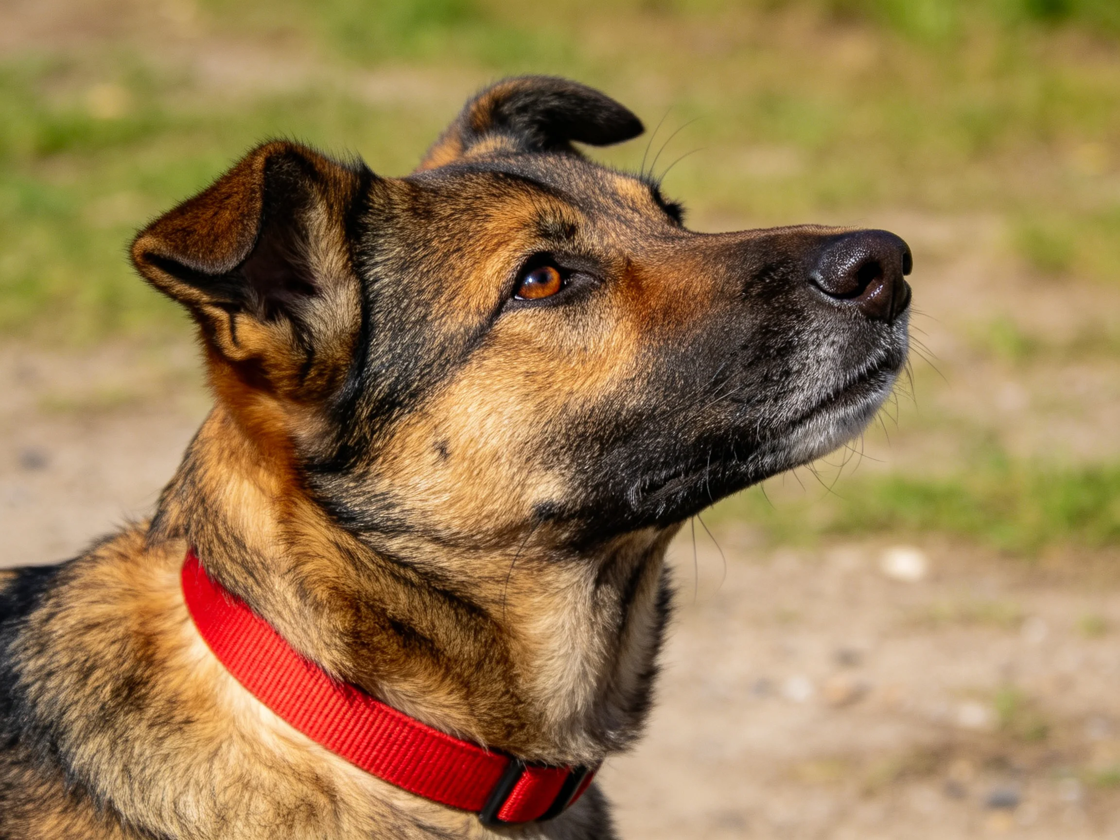 中型混血犬抬头凝视,棕黑相间被毛,红色项圈清晰可见。