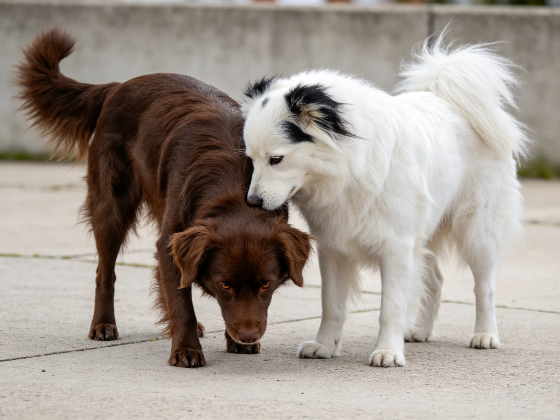 一只棕褐色短毛混种犬低头嗅探,身旁白色带黑斑的长毛混种犬注视同伴,毛发蓬松柔软。