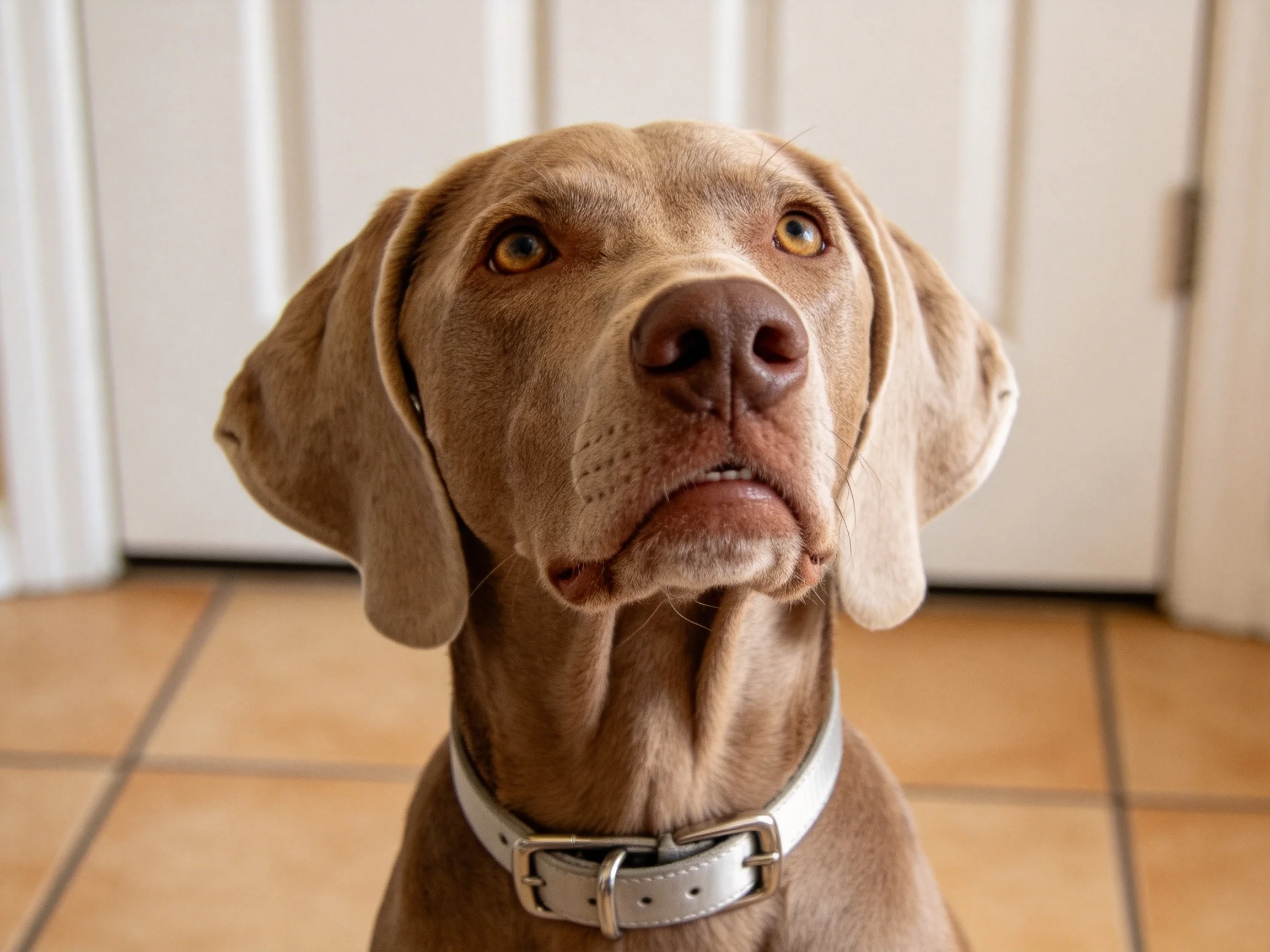 魏玛犬目光专注地看向上方，银灰色被毛顺滑有光泽，大耳朵下垂的姿态清晰可见。