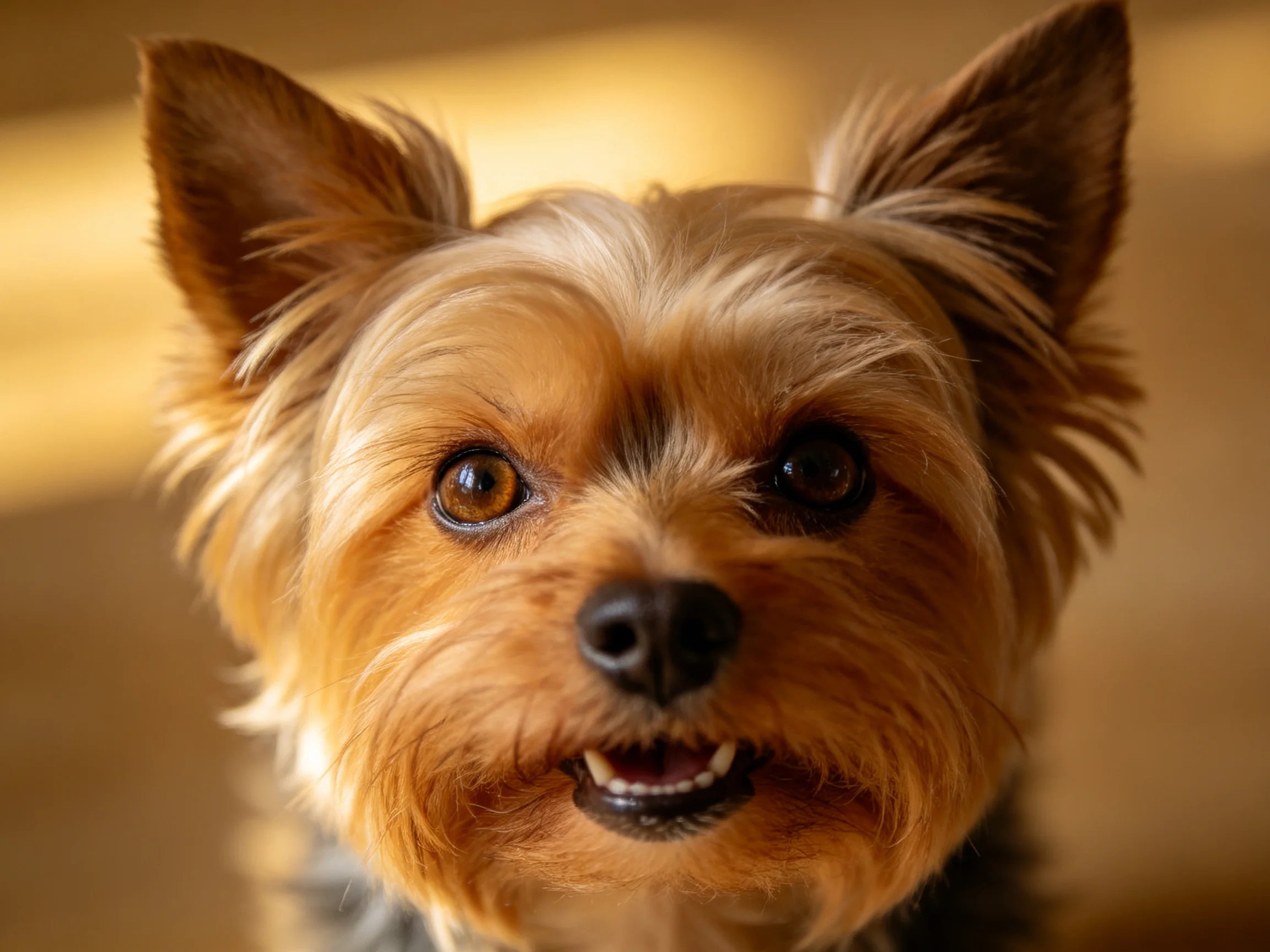 一克夏梗犬双眼明亮注视镜头,浅棕色丝质短毛清晰可见。