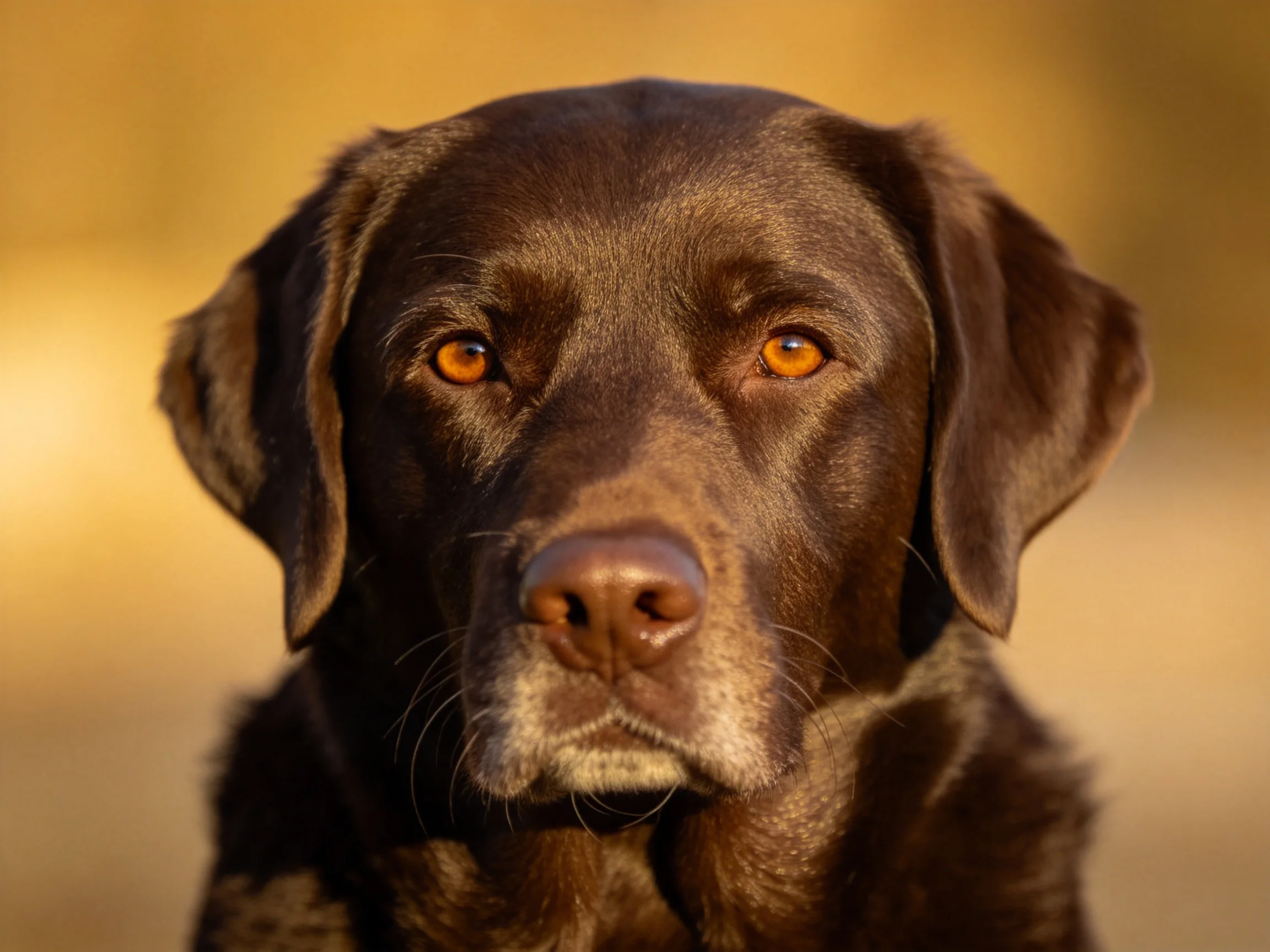 画面中巧克力拉布拉多犬拥有澄澈的琥珀色眼眸和油亮的深棕色被毛。