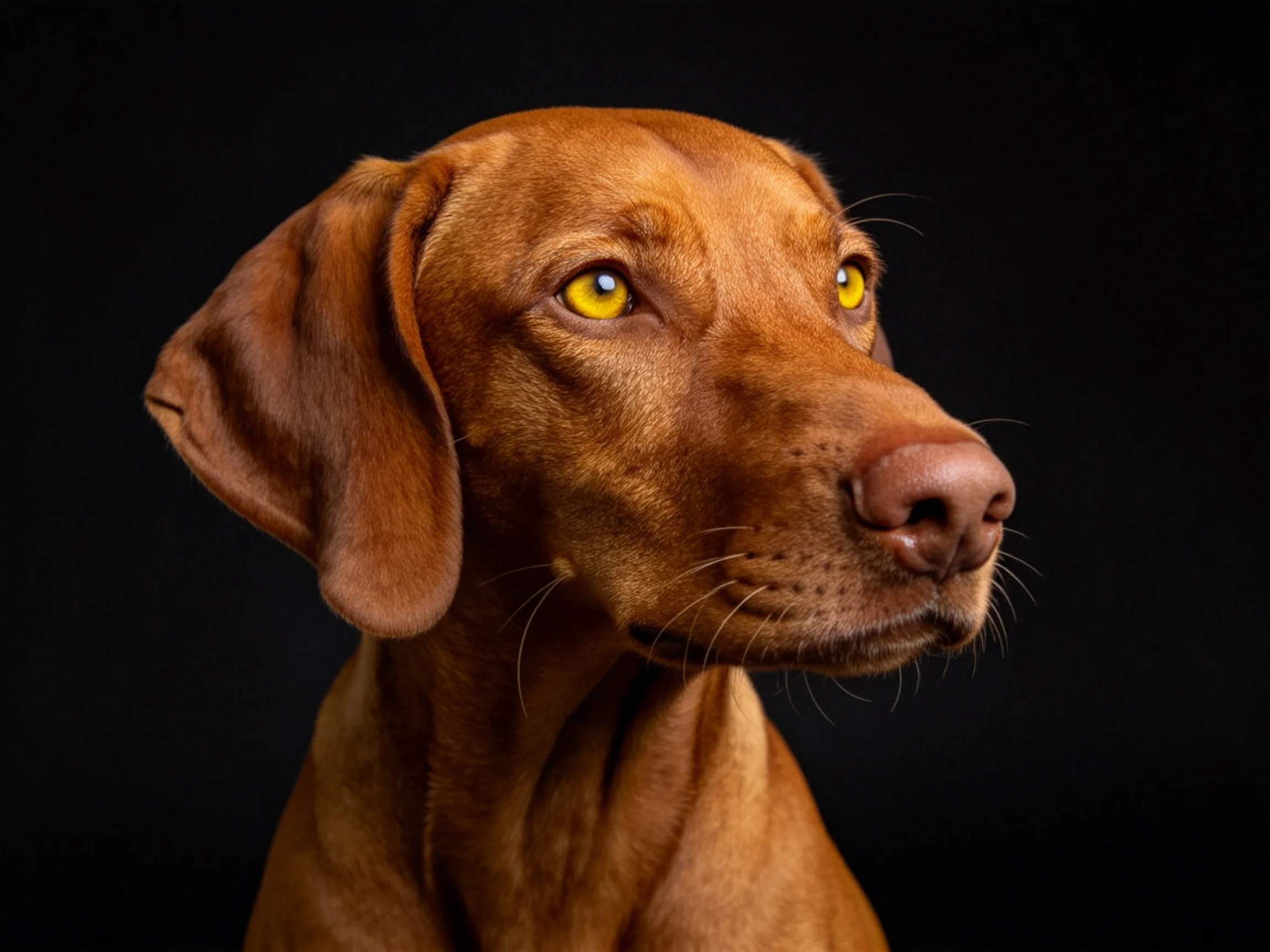 维兹拉犬有着红棕色短毛和黄色的眼睛,正专注地看向一侧。