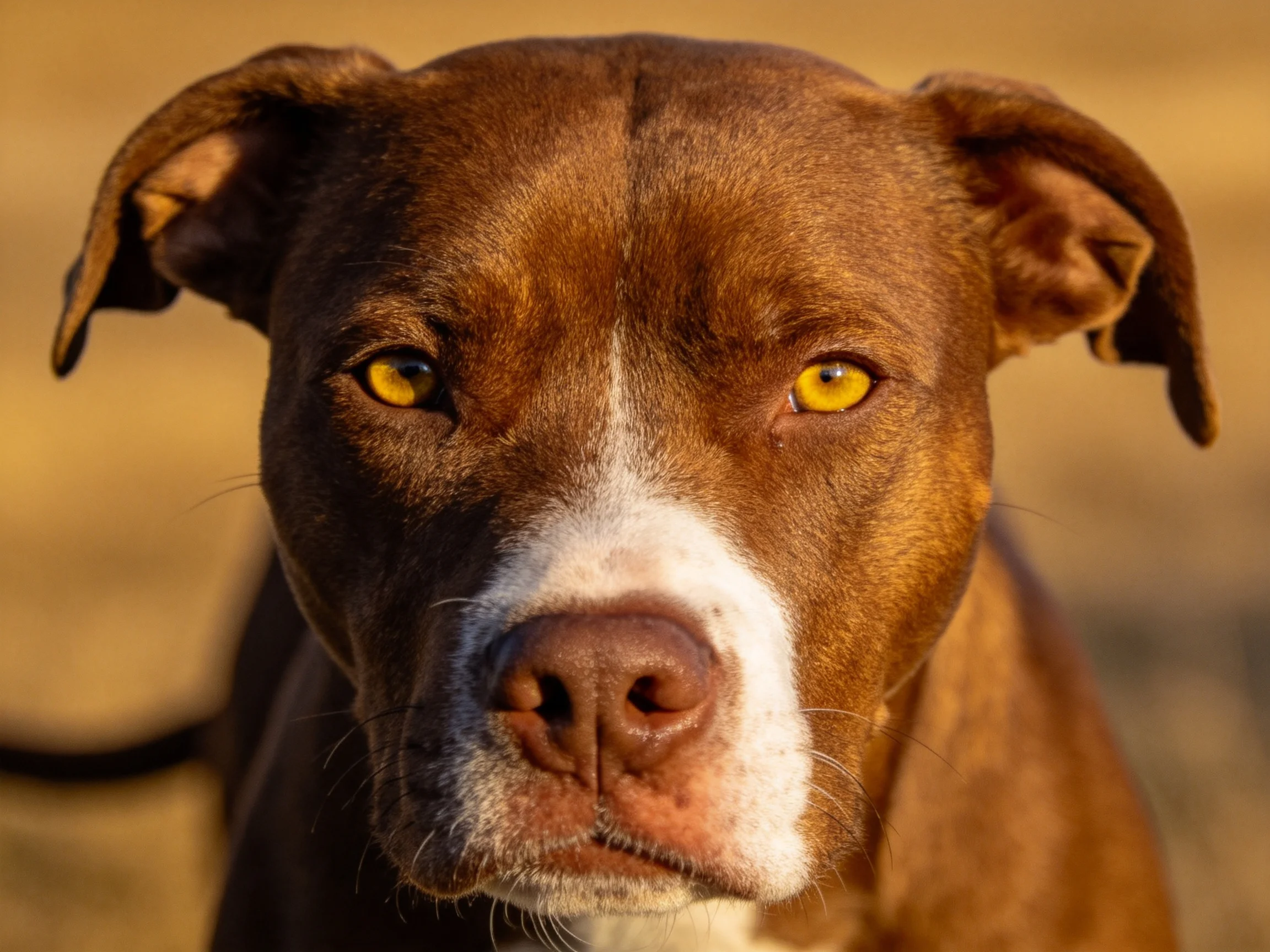 一只斯塔福梗犬,拥有棕白相间的毛发,黄色眼睛明亮,面部有白色斑纹,处于光照下。
