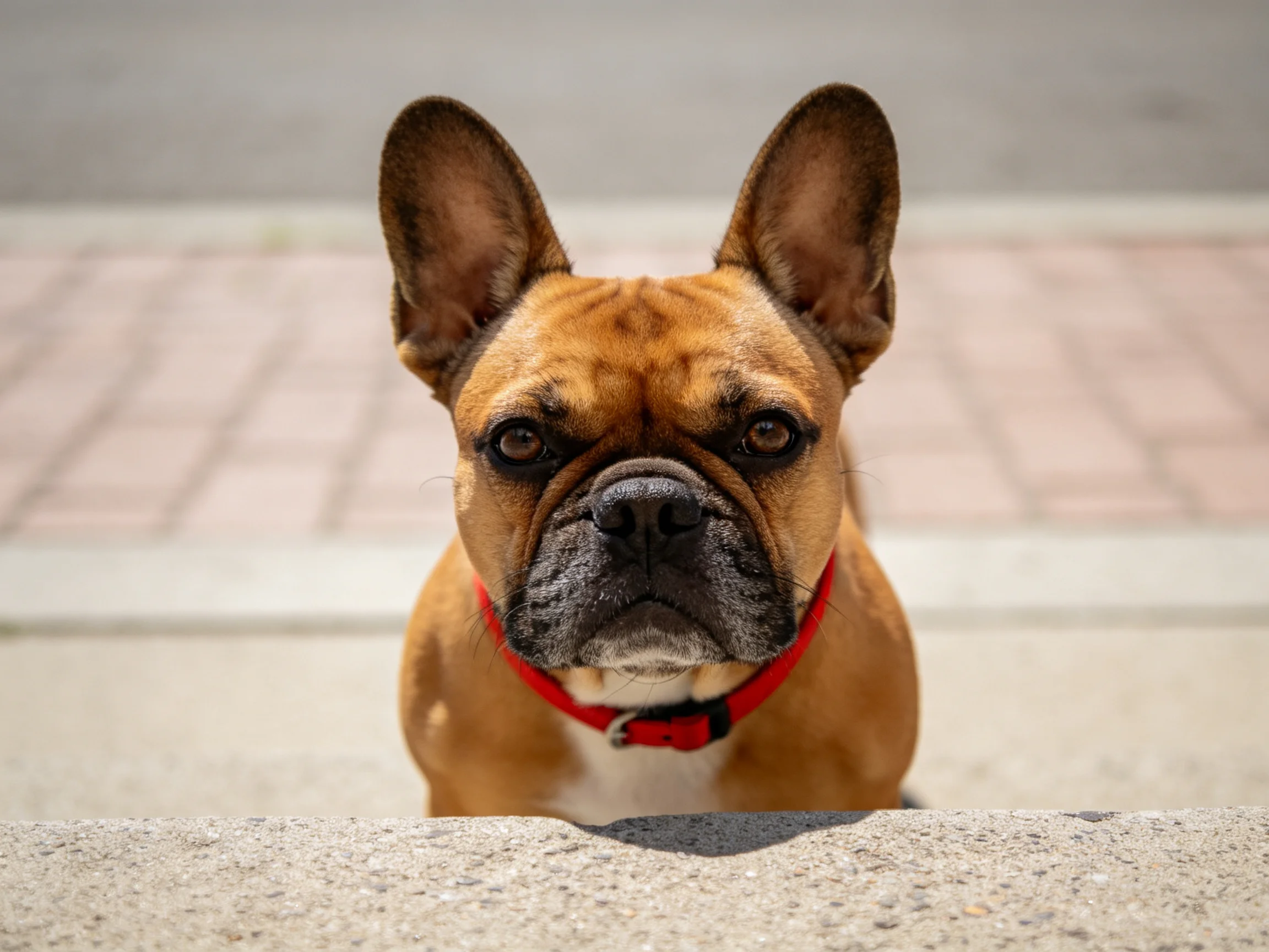 法国斗牛犬戴着红色项圈,黑色的面部与棕褐色被毛形成鲜明对比,眼神专注地看向前方。