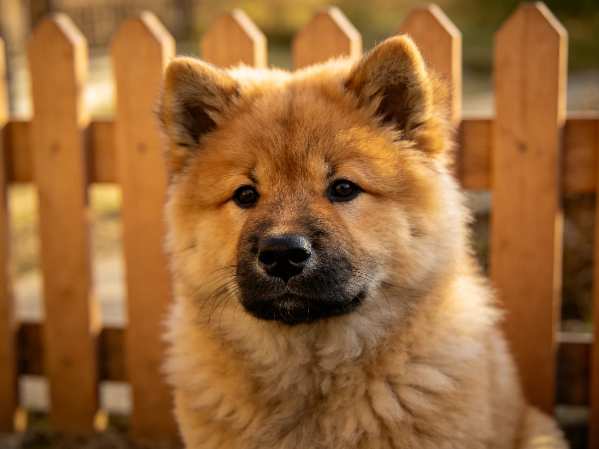 一只松狮幼犬，拥有蓬松的金褐色毛发，正专注地注视着镜头，黑色的鼻头与周围暖色调形成对比。