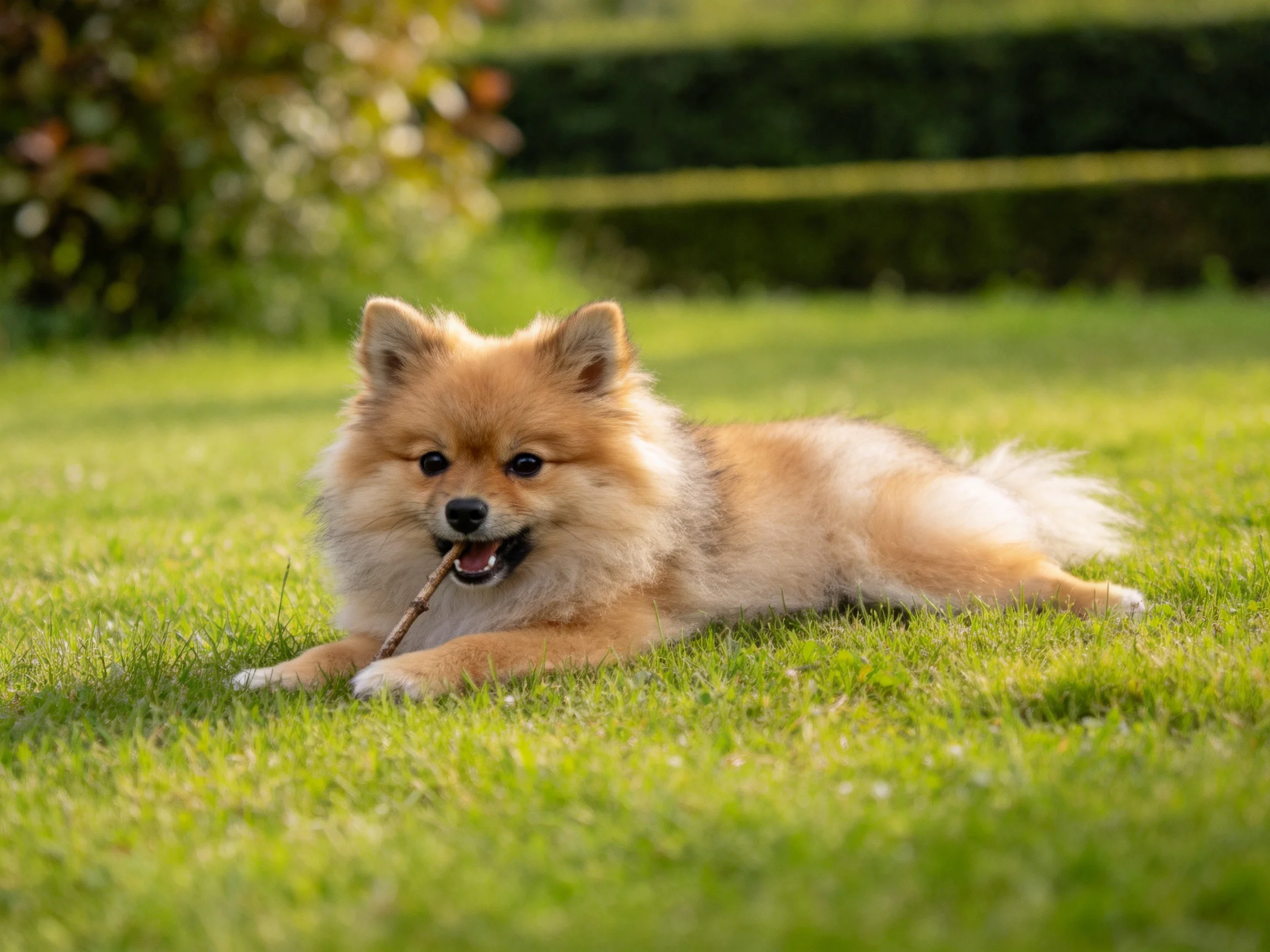 一只博美犬趴在草地上,嘴里叼着树枝,毛发蓬松柔软。