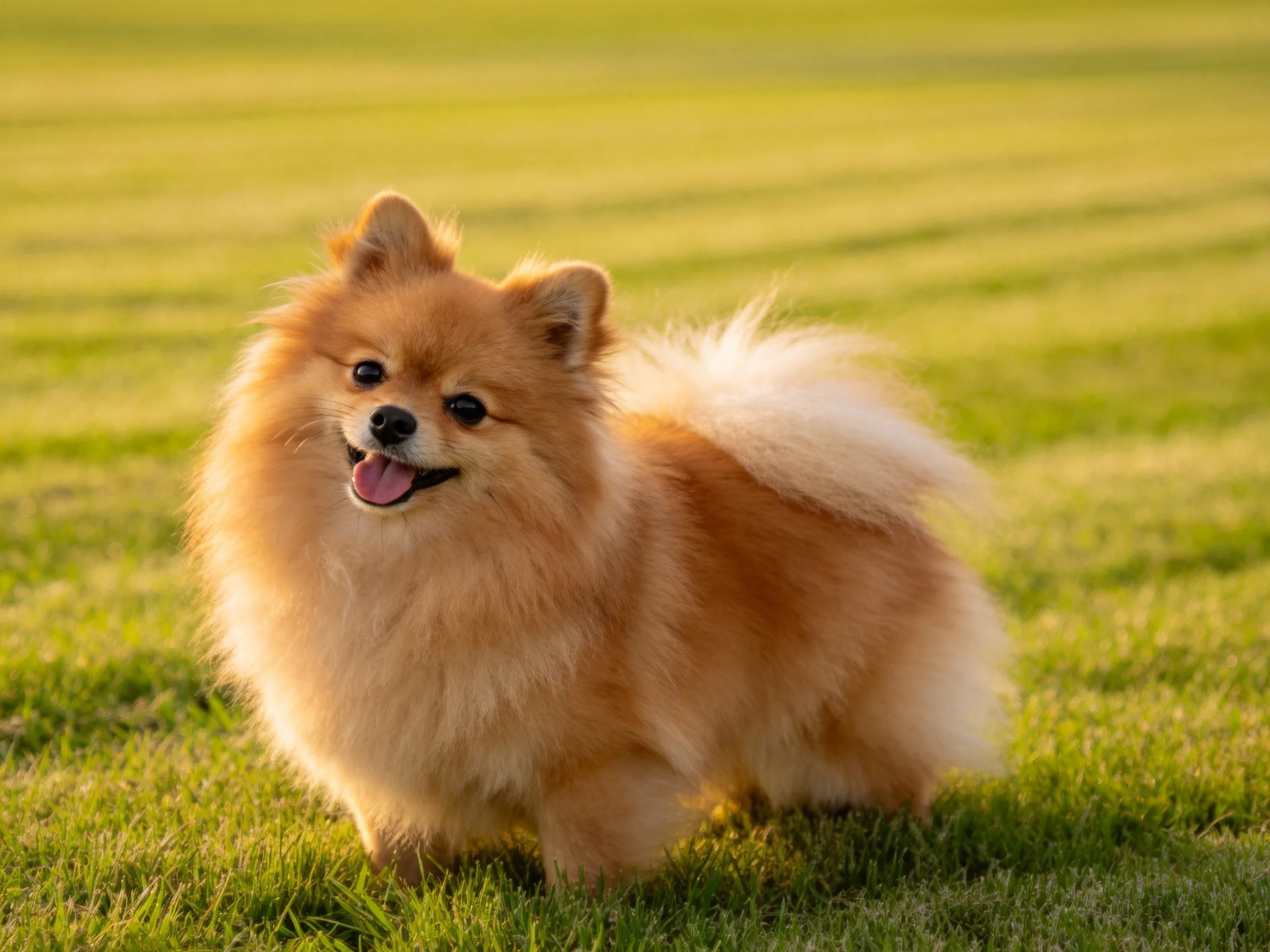 博美犬站立于草地,金棕色蓬松毛发在阳光下显得柔软,嘴巴张开露出粉色舌头。