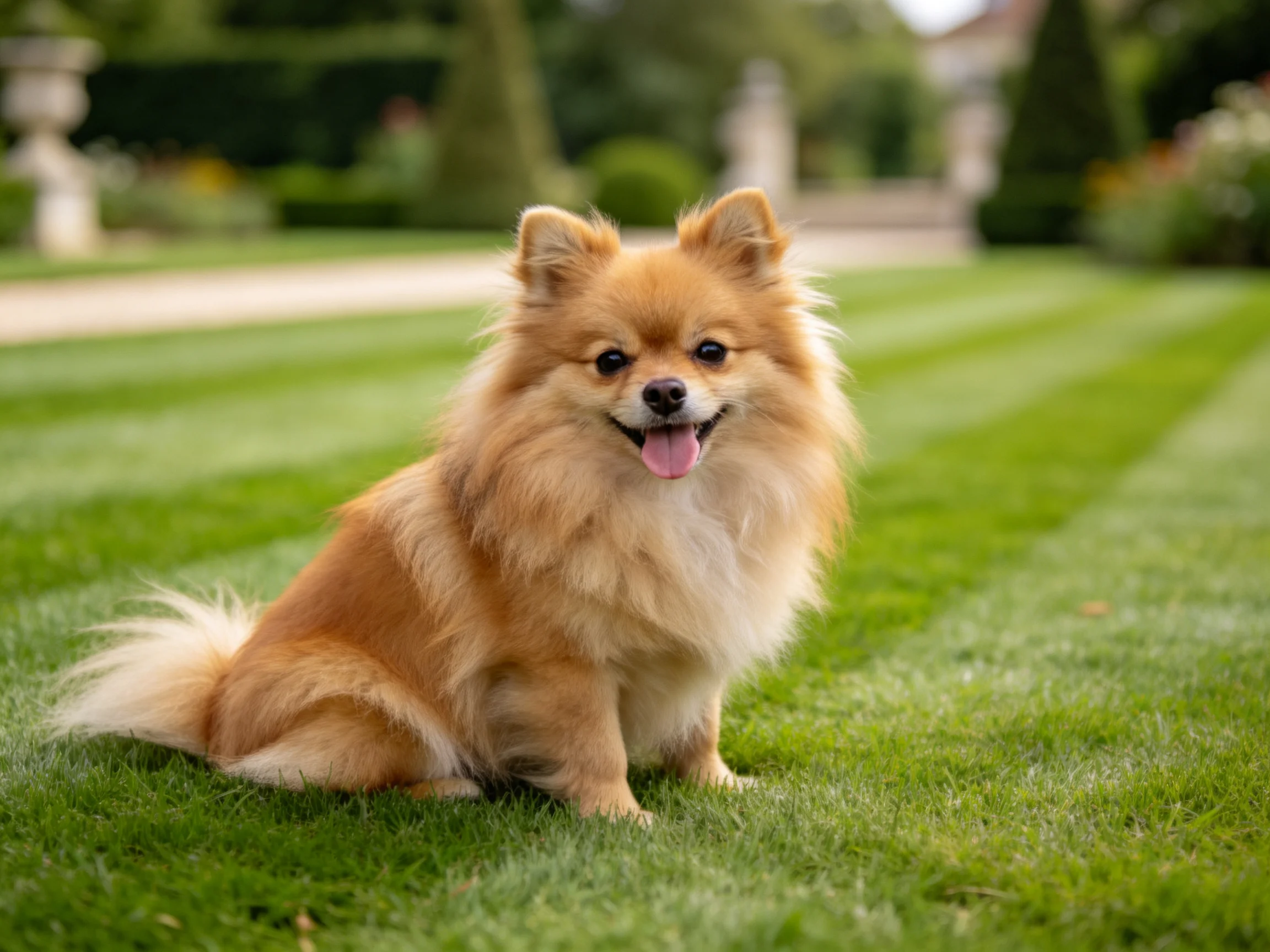 一只浅金色毛发的博美犬坐在修剪整齐的绿色草坪上，嘴巴张开露出粉红色舌头。