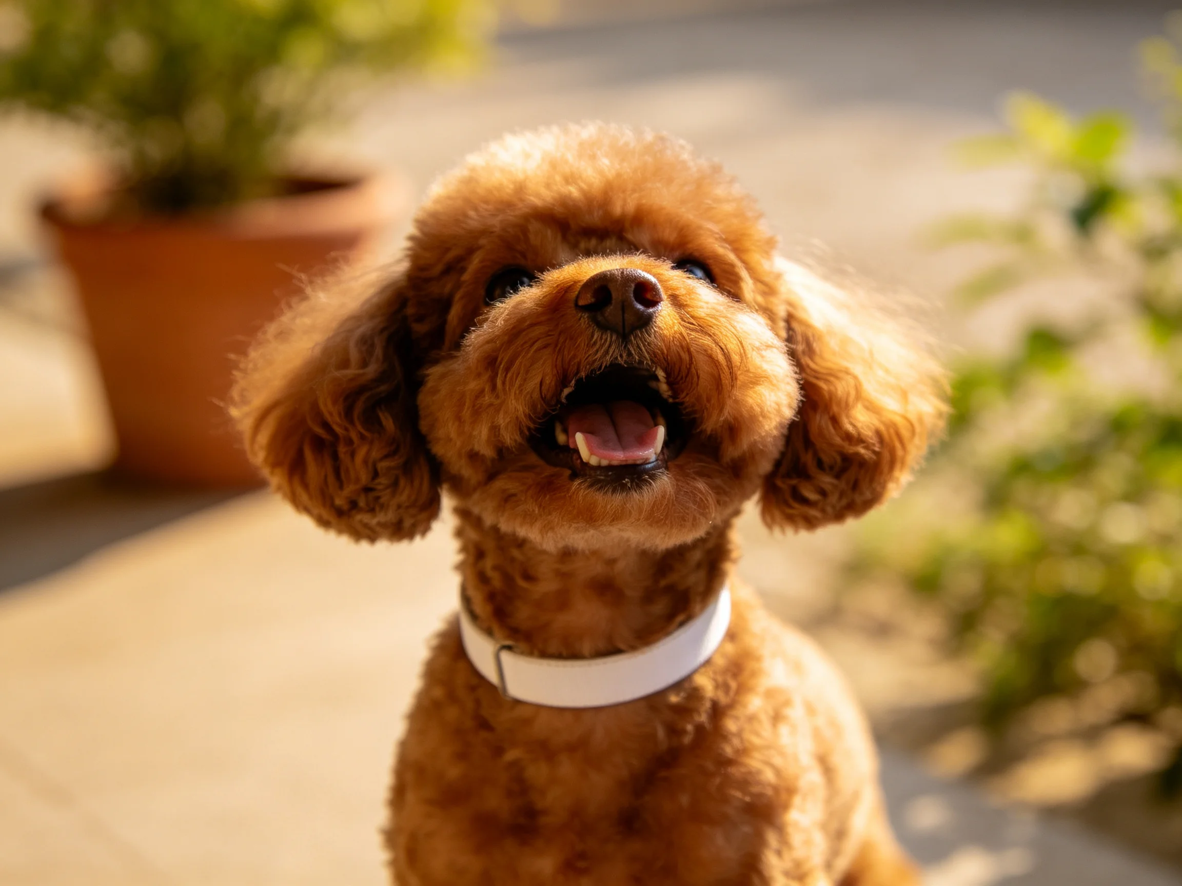 贵宾犬有着蓬松卷曲的浅棕色毛发,戴着白色项圈,嘴巴张开露出粉色舌头。