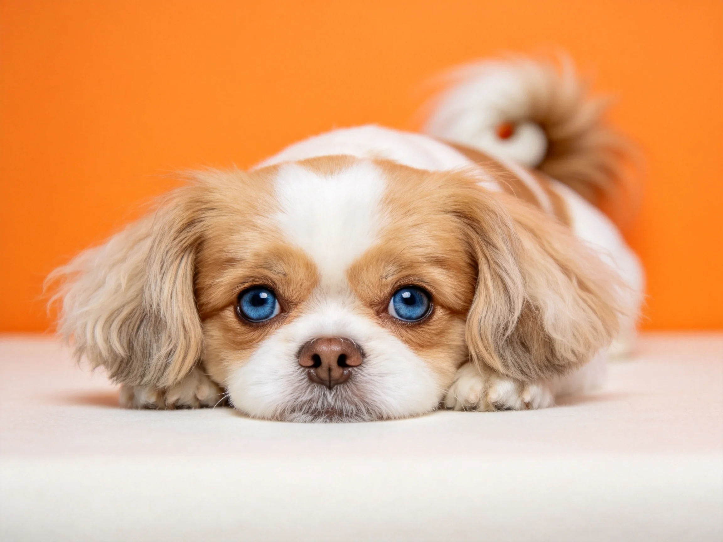 京巴犬有着蓝眼睛和棕白相间的毛发,安静趴趴在白色表面上。