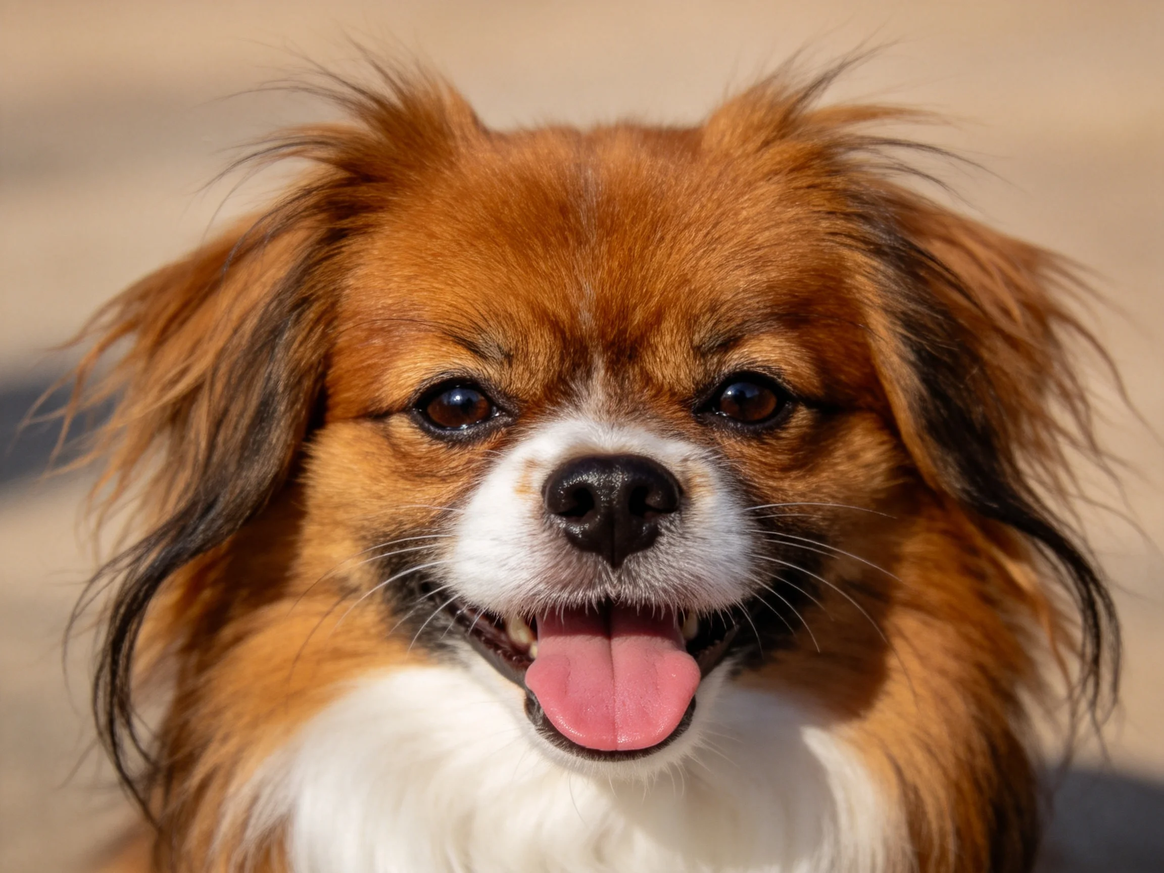 一只小型长毛犬面向镜头,红棕与相间毛发,粉红色舌头伸出,眼睛明亮清澈。