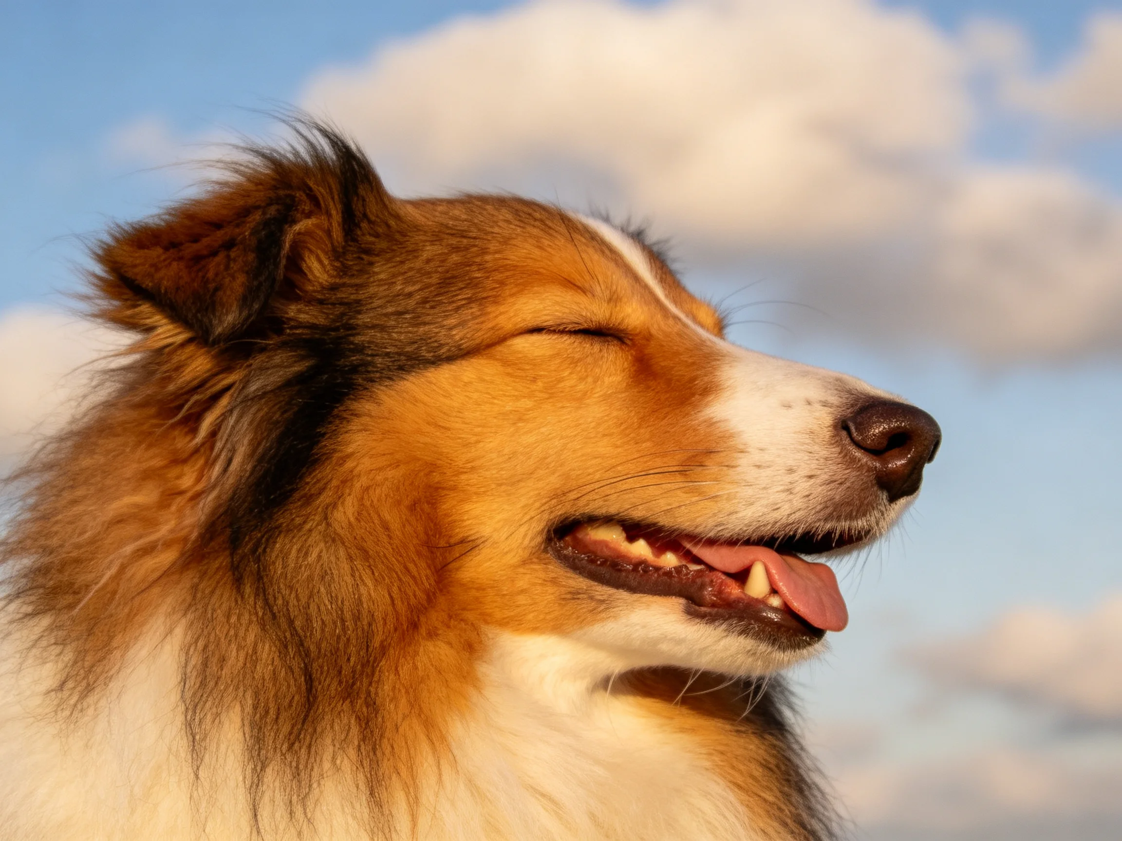 一只浅棕白相间的苏格兰牧羊犬,毛发蓬松柔软,双眼轻闭,嘴巴微张。