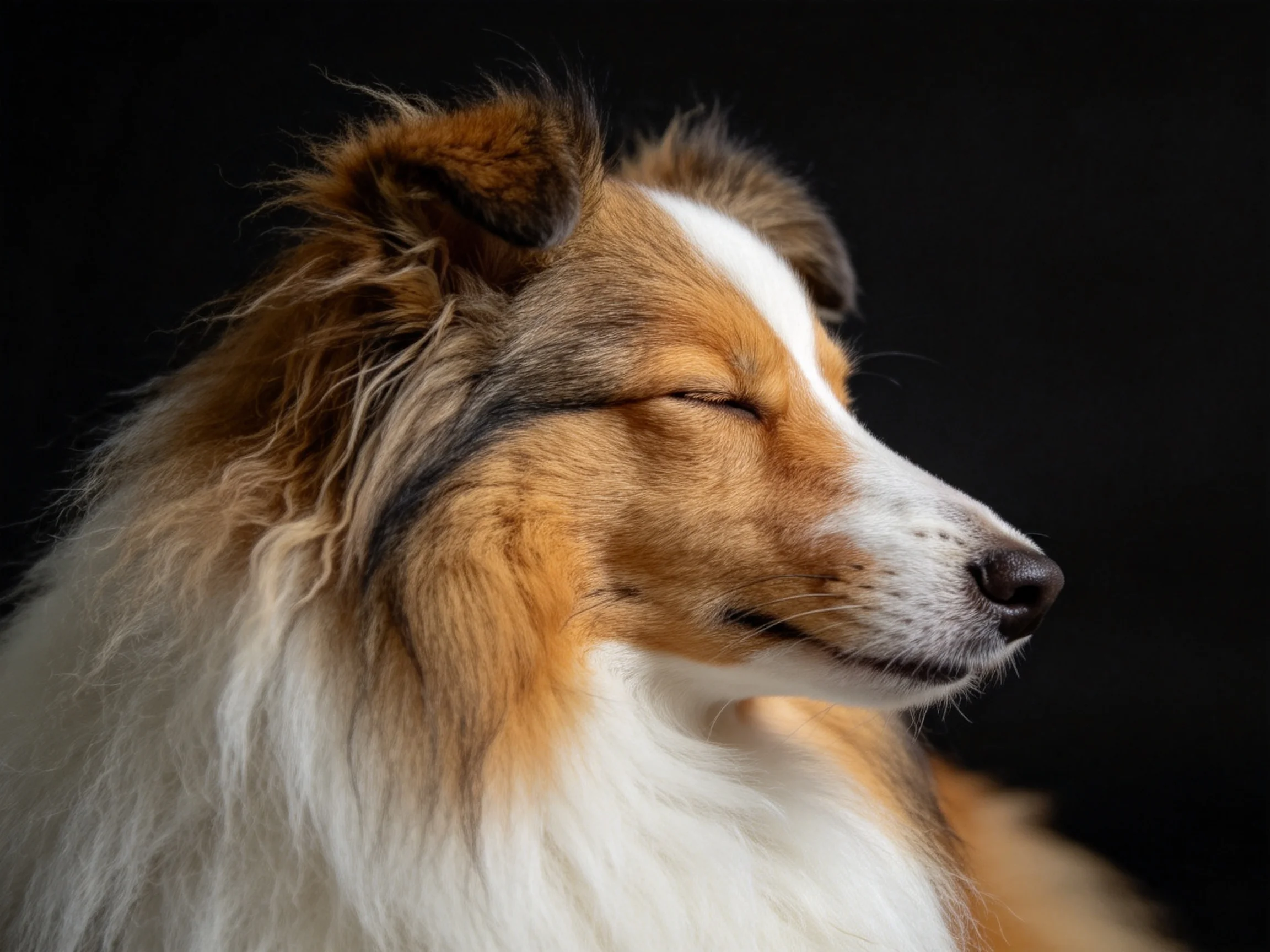 一只双眼闭合的苏格兰牧羊犬,毛发呈现出棕白相间的色彩,展现出其典型的长毛特征。