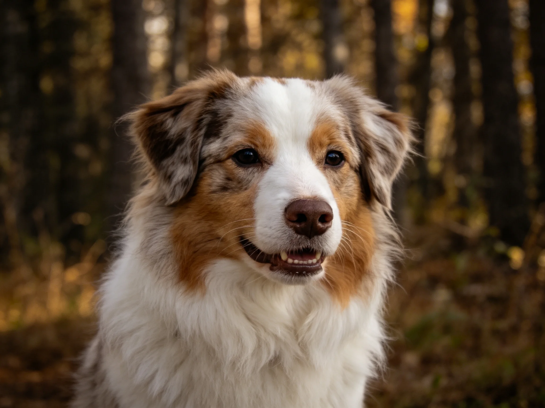 森林中的澳大利亚牧牛犬,三色毛发清晰可见,嘴巴张开露出牙齿,眼神温和。