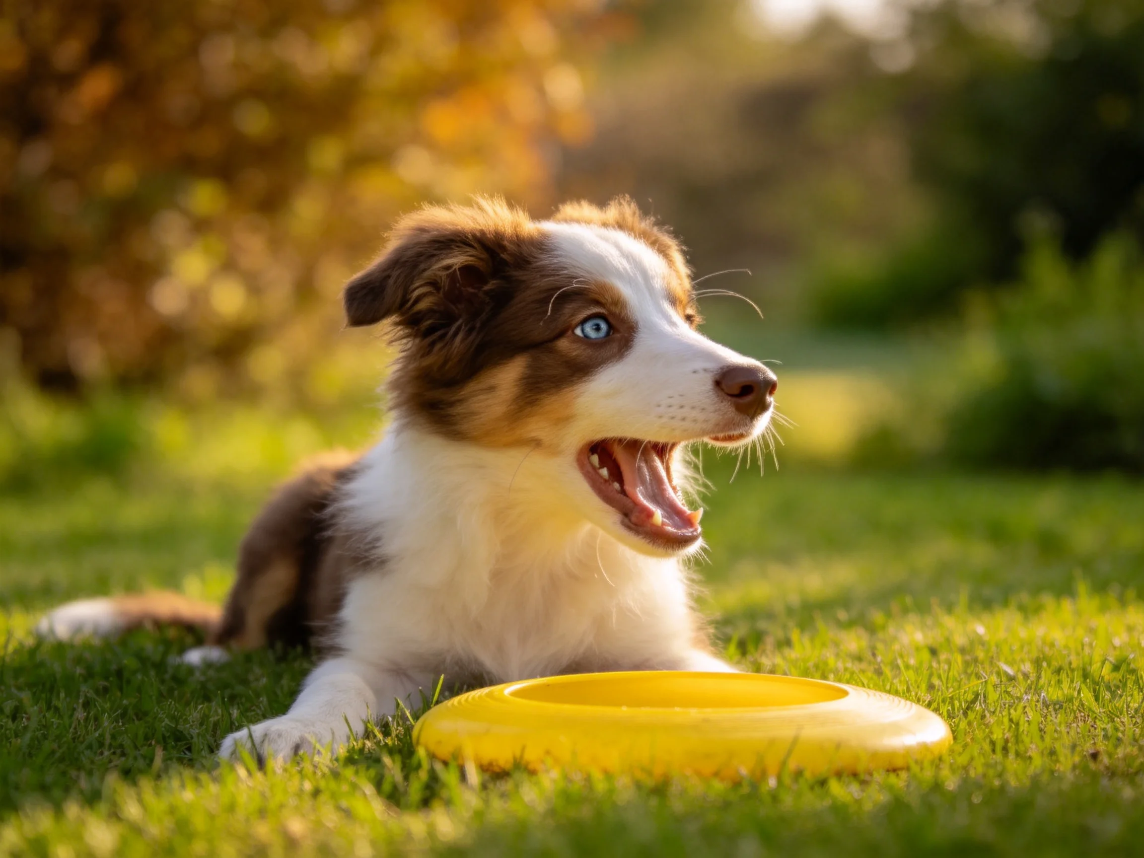 澳大利亚牧牛犬幼犬蓝眼睛与棕白相间的被毛,趴在草地旁黄色飞盘旁边。