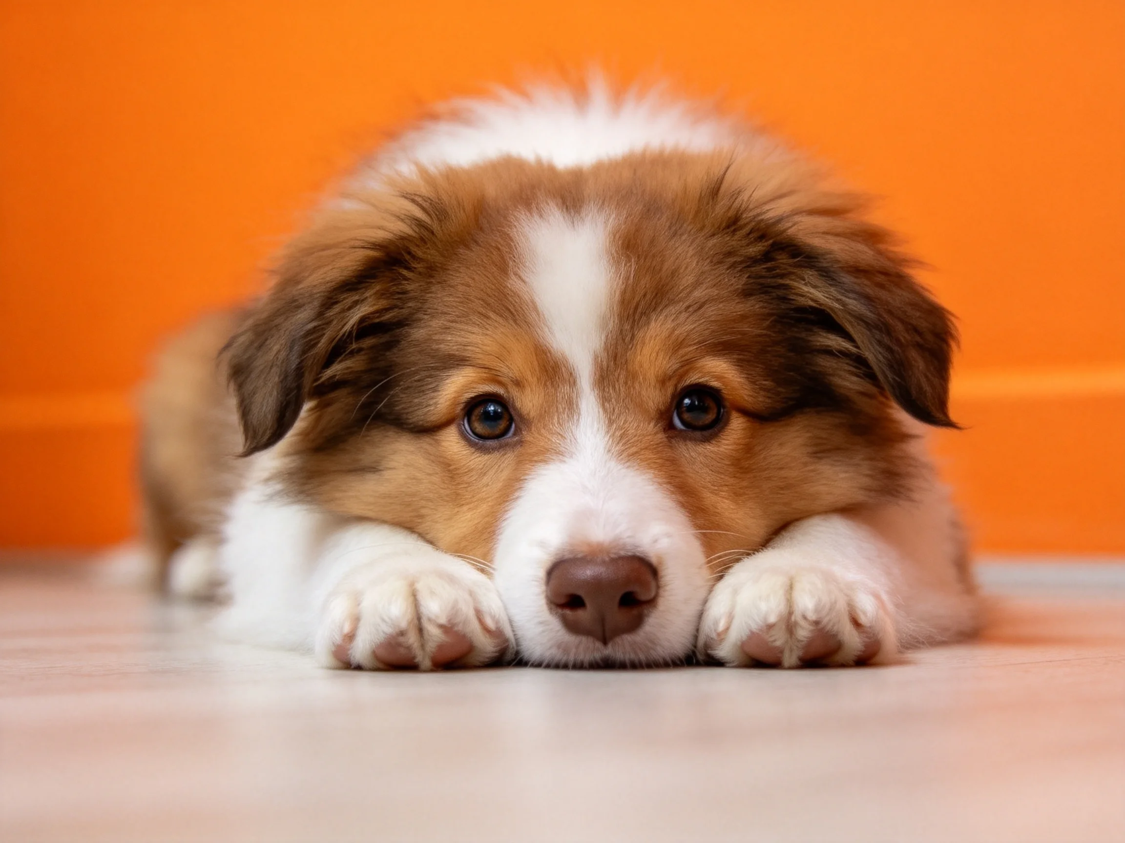 边境牧羊犬幼犬趴卧,棕白相间的毛发,前爪轻放下巴处。
