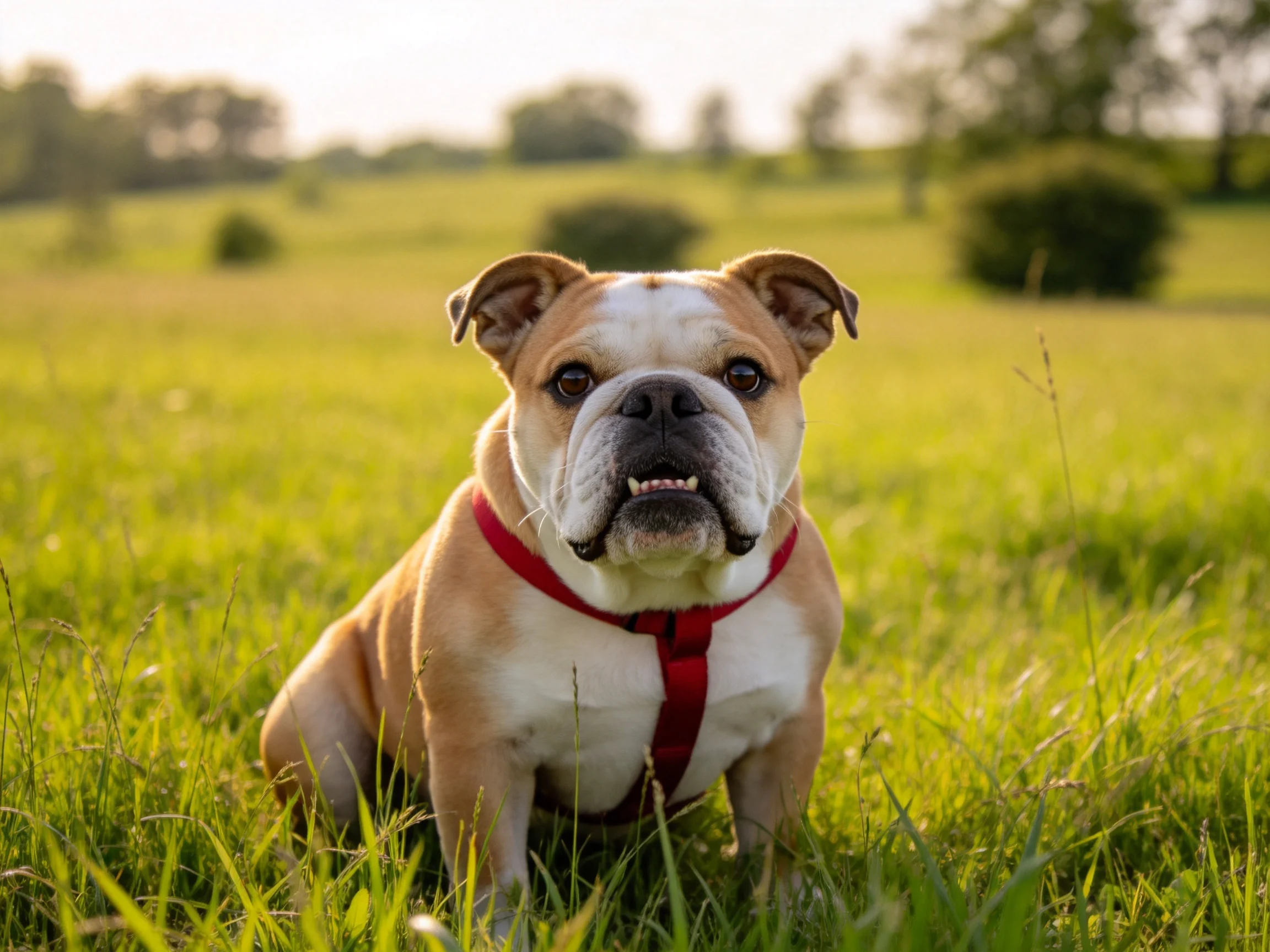 英国斗牛犬安静地坐在草地上,面部有明显褶皱且皮毛柔软。