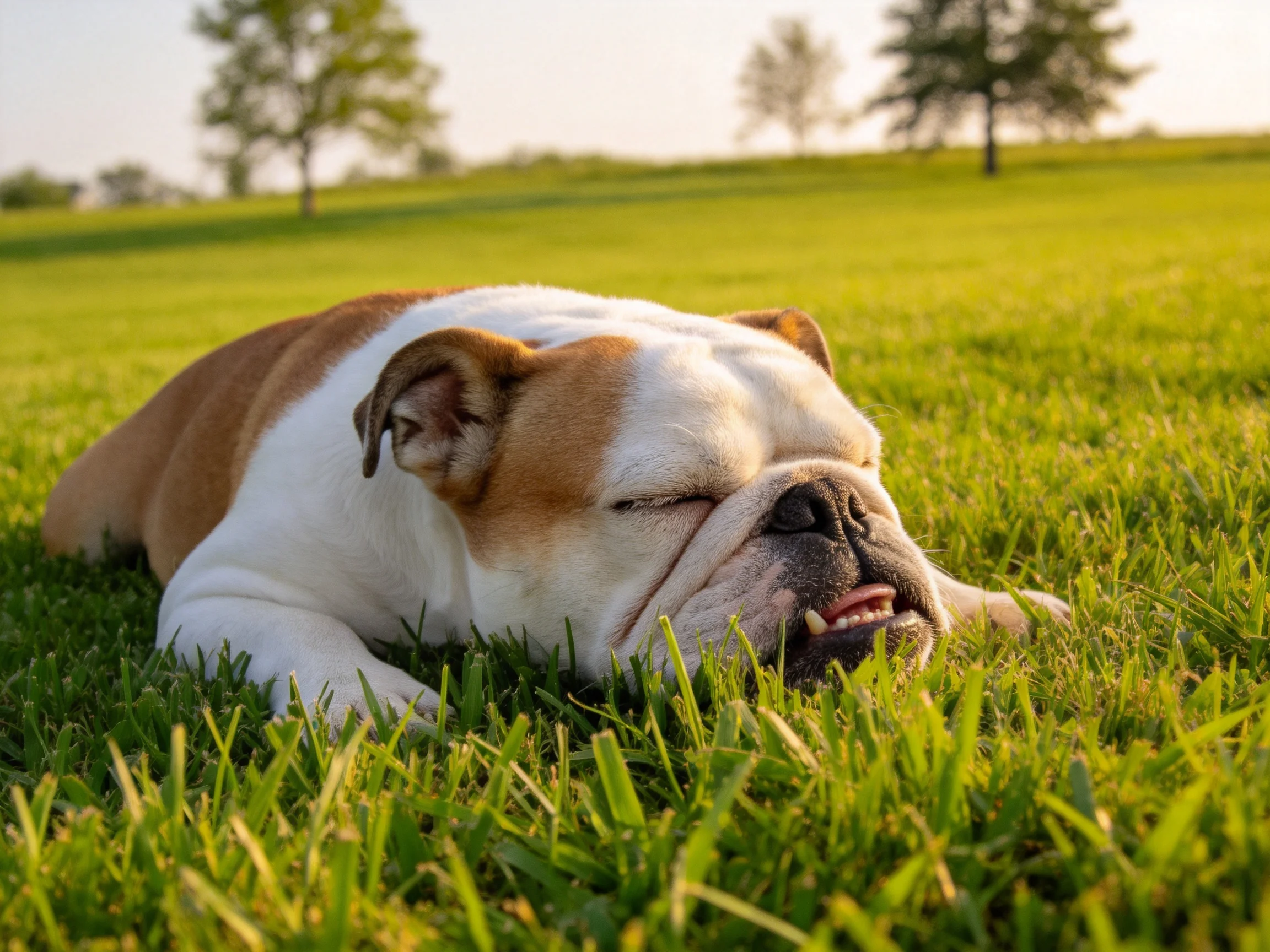 一只英国斗牛犬趴在草地上,白色和棕色相间的毛发,面部有明显褶皱。
