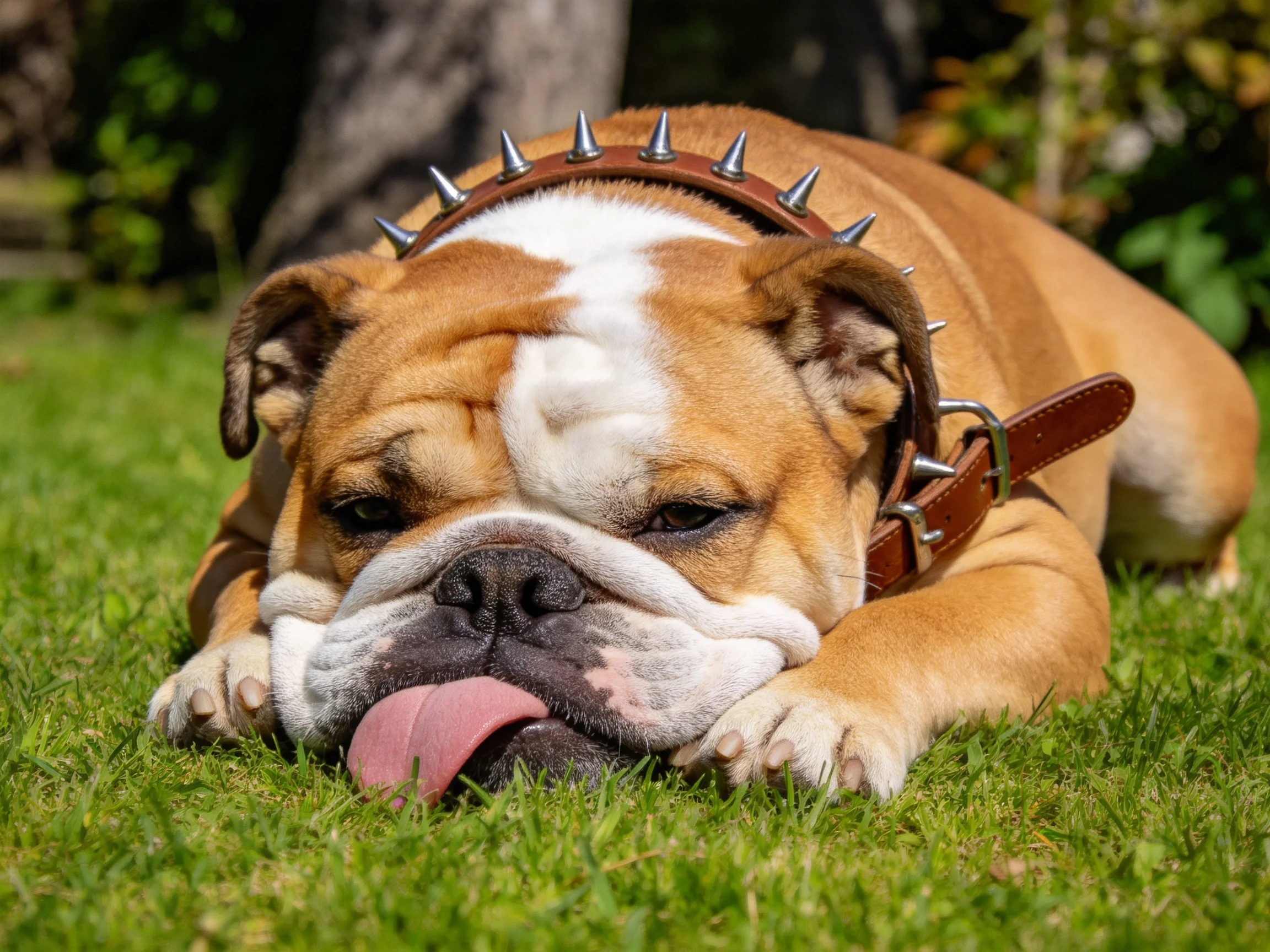 英国斗牛犬趴卧在草地上，戴着带尖刺的项圈，舌头伸出来，毛发有暖棕和白色。