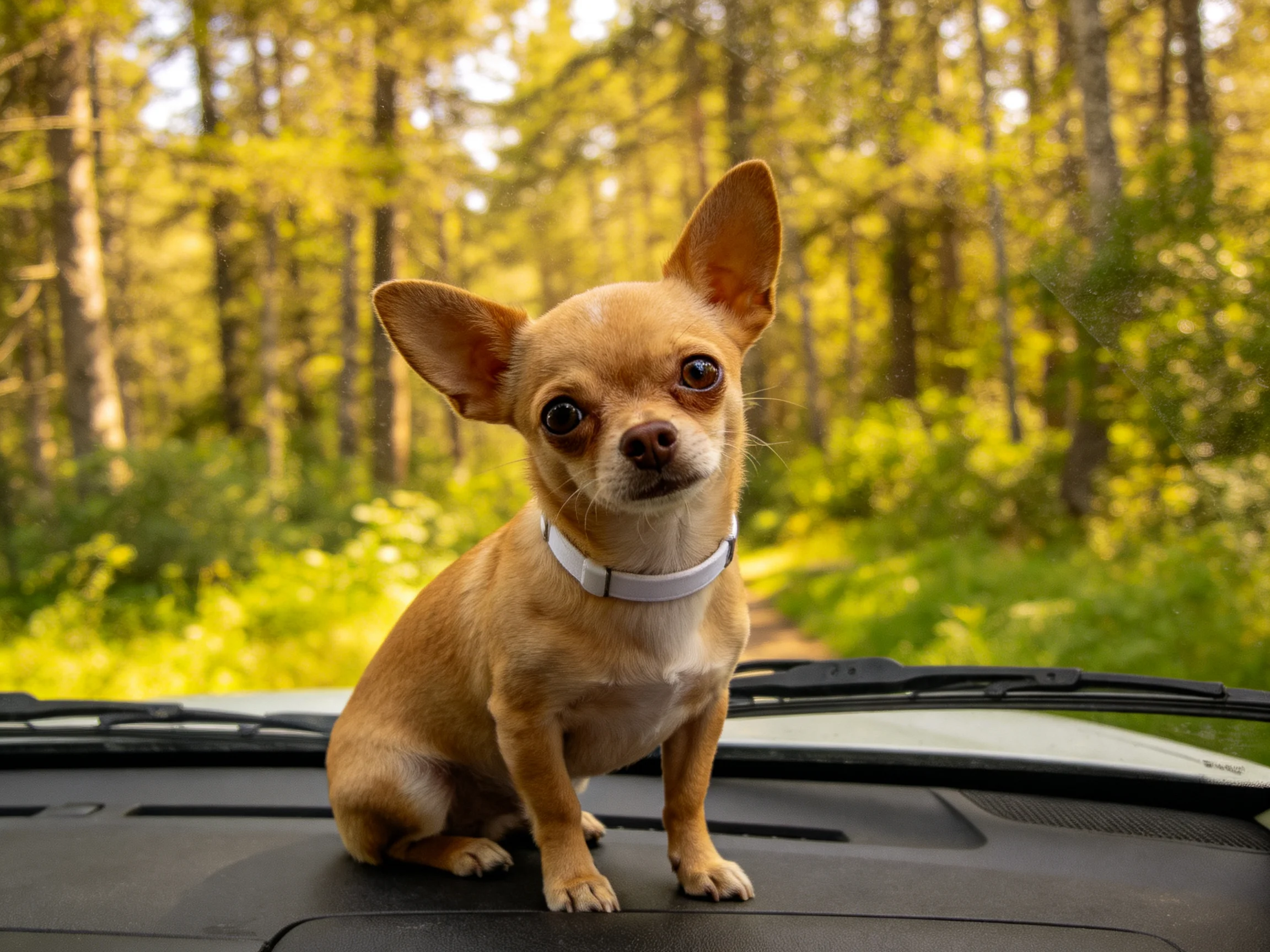 吉娃娃犬站在汽车仪表盘上，浅棕色皮毛清晰可见，耳朵竖立姿态。