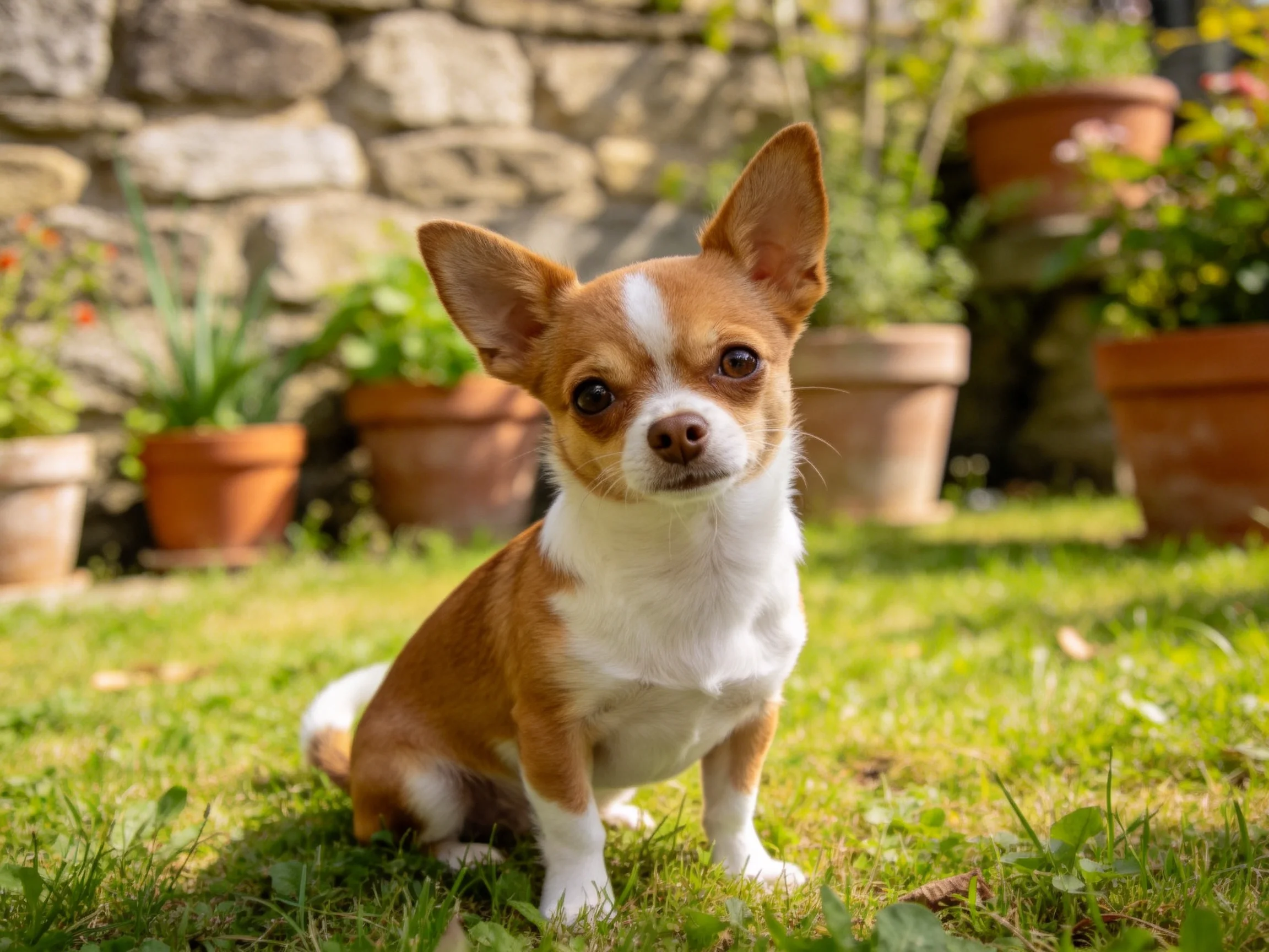 吉娃娃犬有着棕白相间的短毛,耳朵竖立在头部两侧,正安静地注视前方。