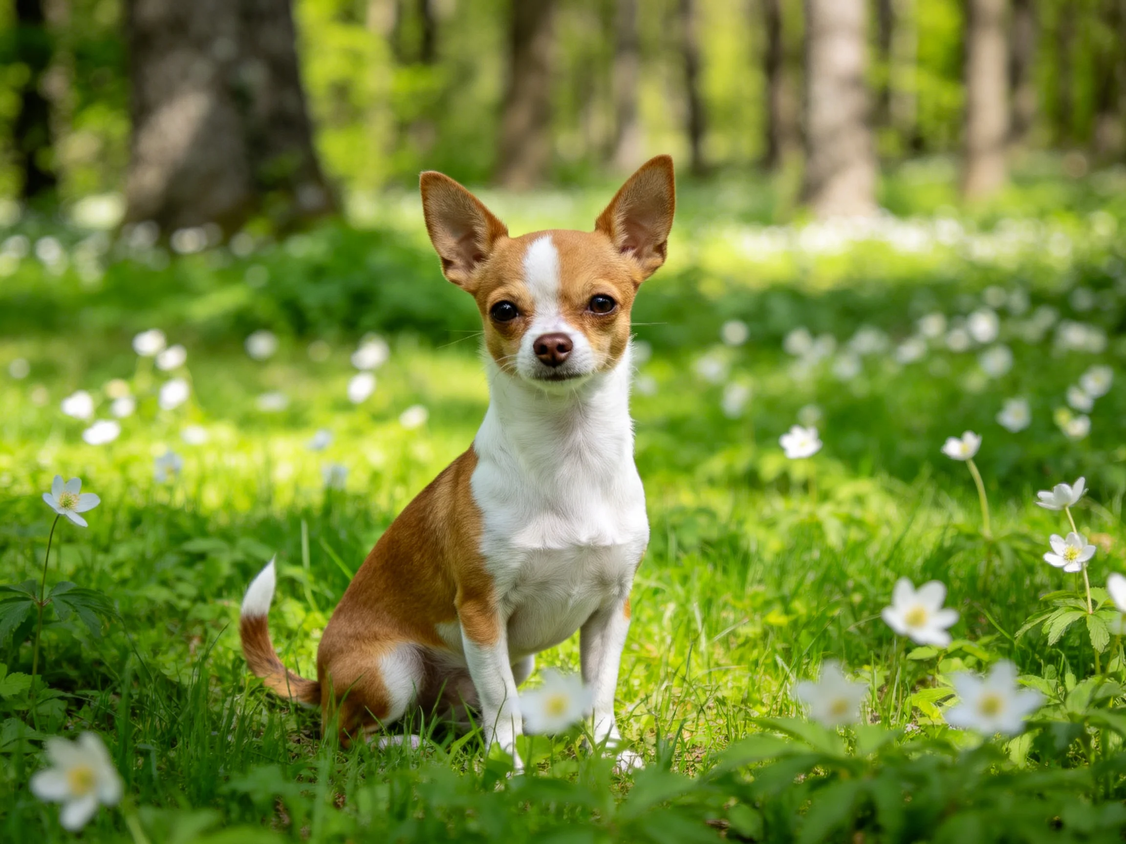 吉娃娃犬安静坐着,浅棕色与白色相间的毛发清晰可见,周围环绕着白色小花点缀的草地。
