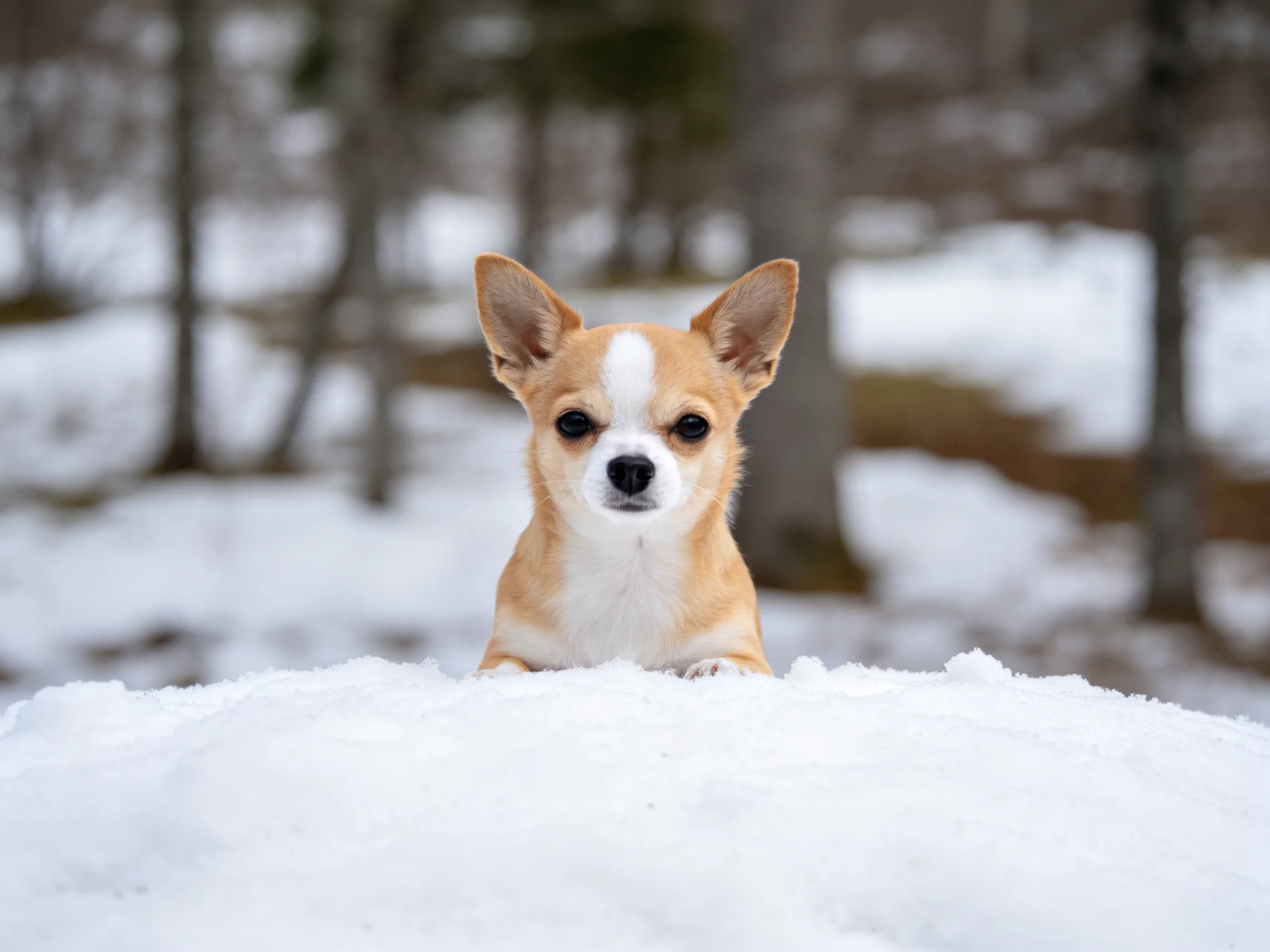 吉娃娃犬从雪堆后方探出，浅棕色带白色斑纹的毛发清晰可见。