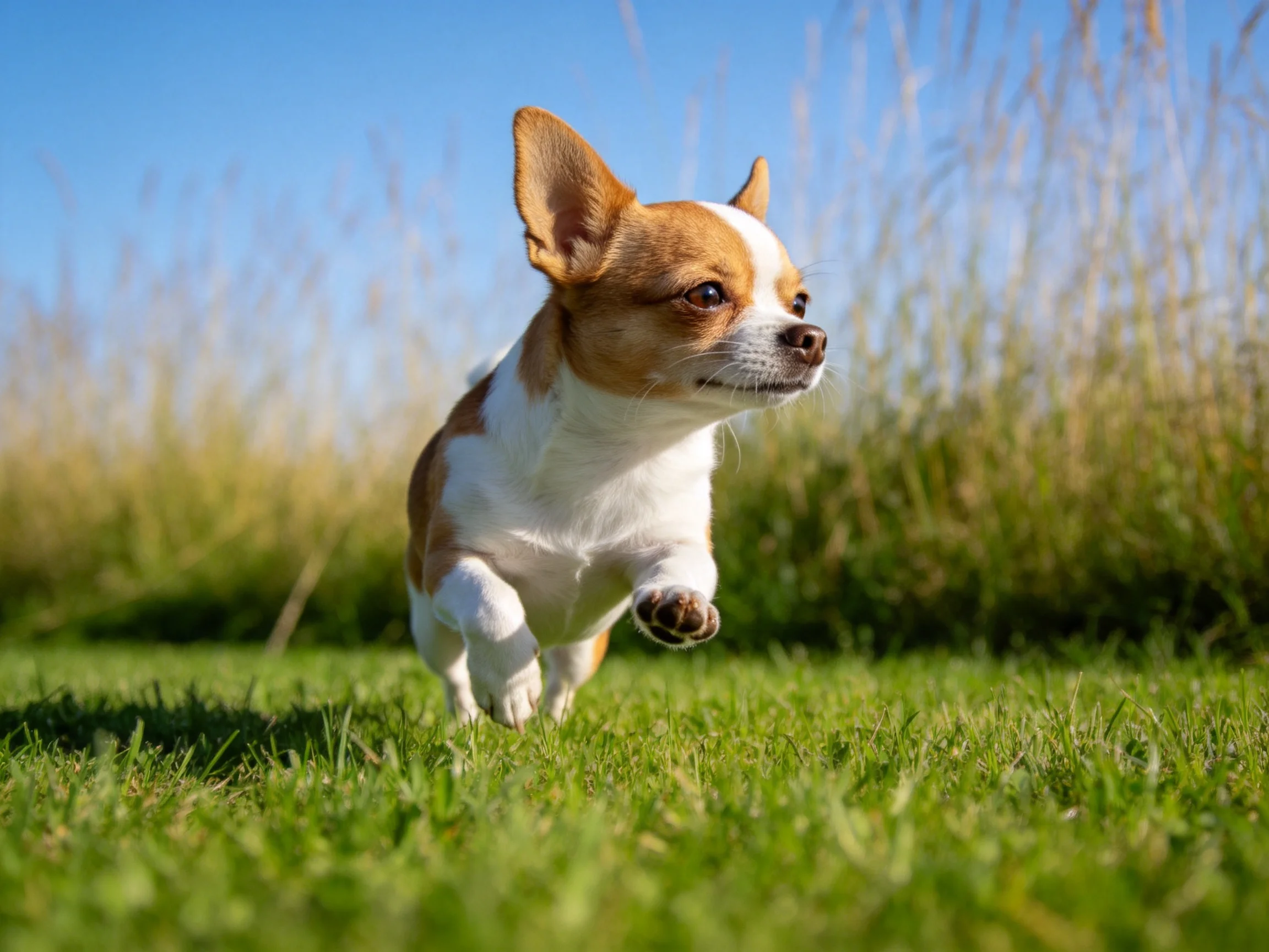 吉娃娃犬在阳光下奔跑,棕白相间的毛发在光下显得清晰,前爪抬起展现动态姿态。