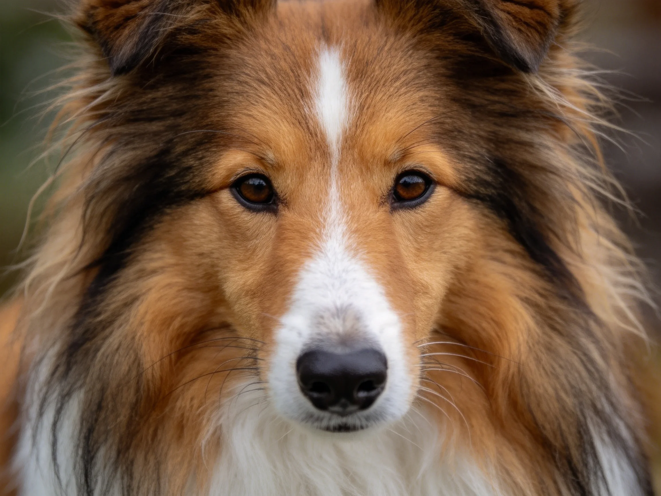 苏格兰牧羊犬有着浓密的长毛,白色的条纹从额头延伸到眼部上方,面部表情平静。
