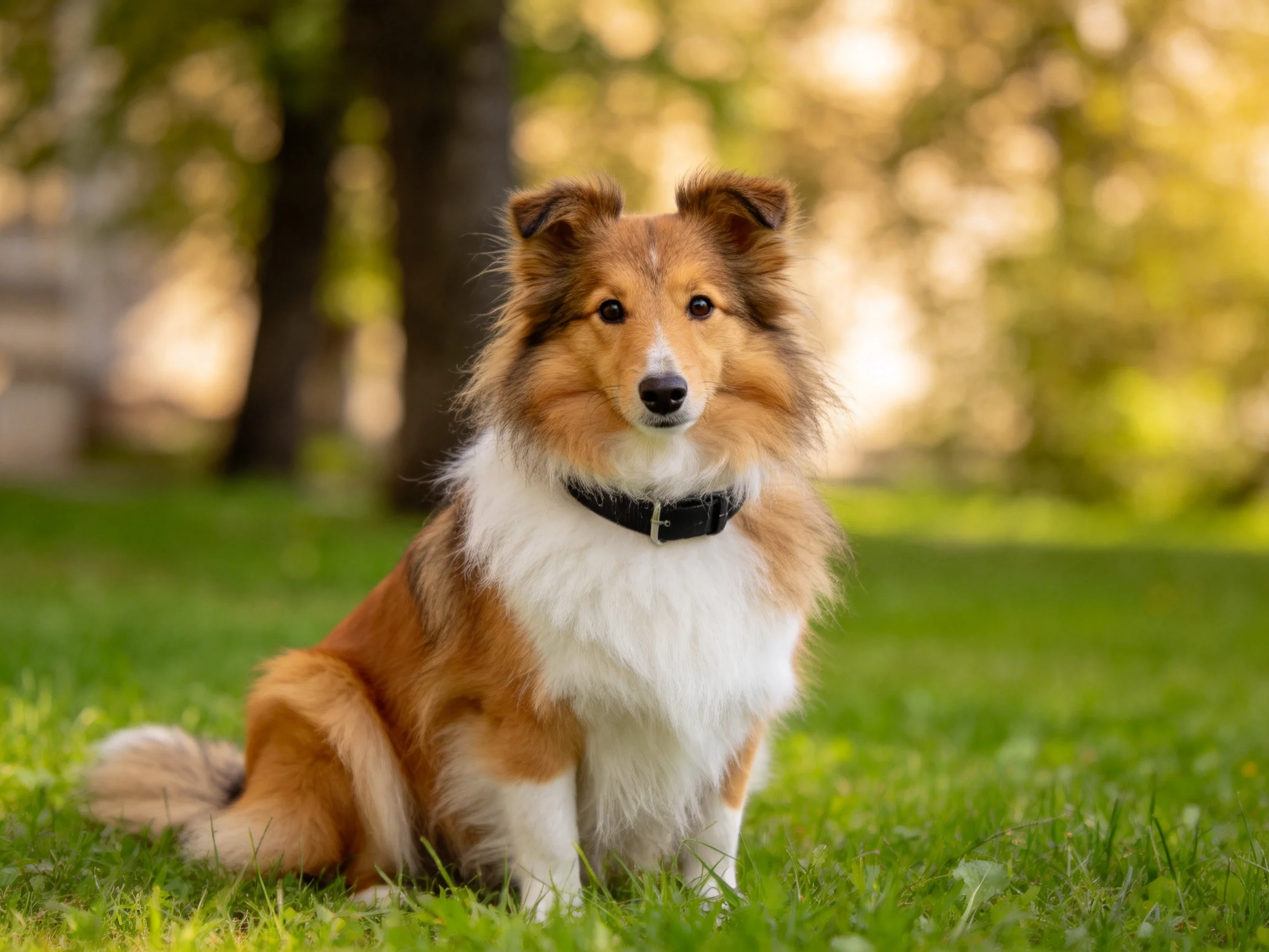 图中是一只设得兰牧羊犬,有着棕白相间的毛发,正安静坐在草地上,项圈清晰可见。