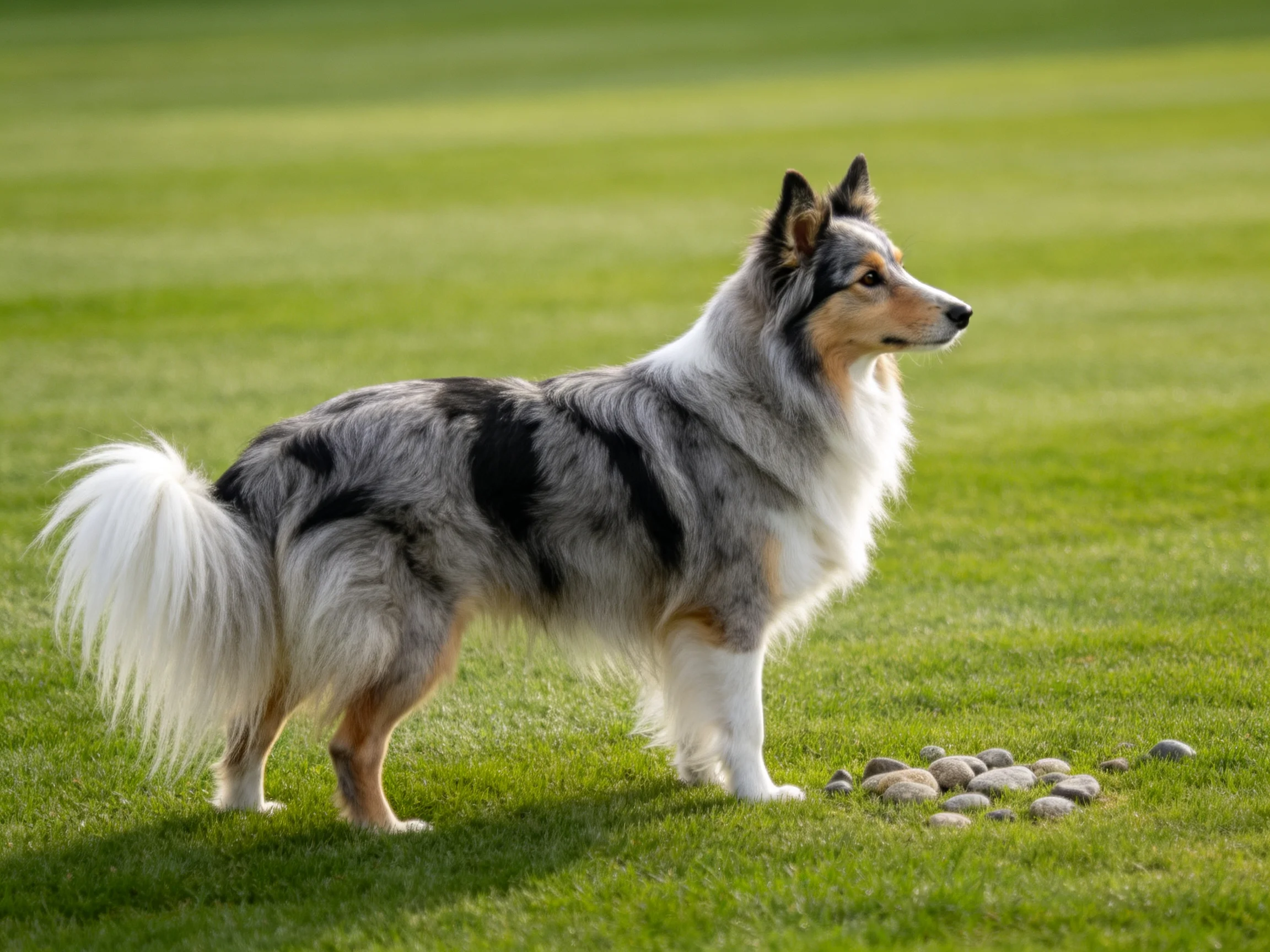 一只苏格兰牧羊犬站在草坪上,它黑白相间的长毛外皮清晰可见。