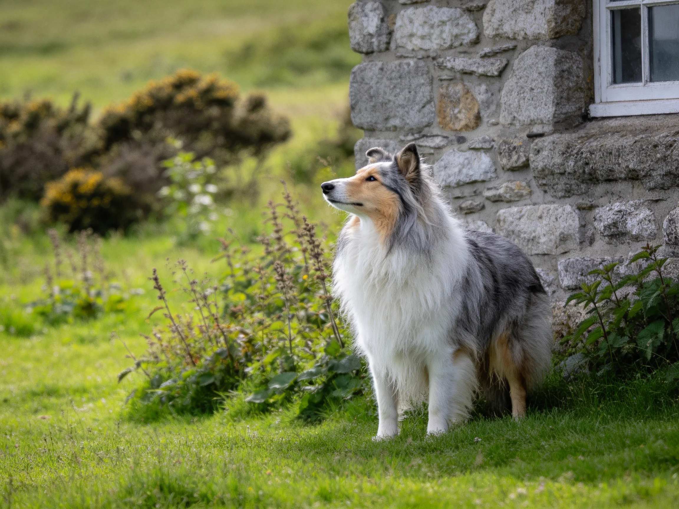 一只灰白相间的苏格兰牧羊犬站在石屋前的草地上,耳朵竖立,目光注视前方。