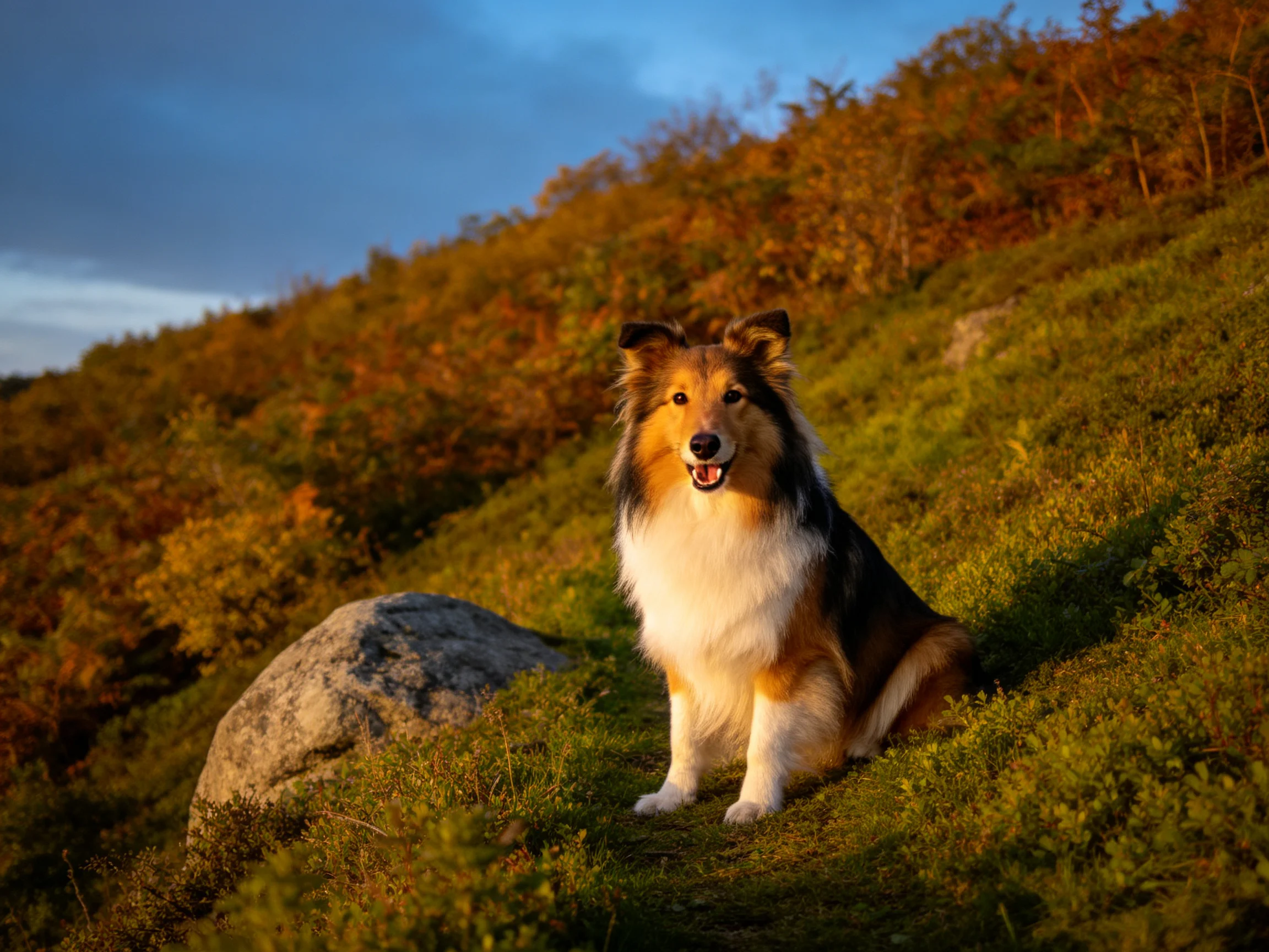 一只黑、白、棕相间的苏格兰牧羊犬坐在山坡草地上,毛发蓬松,嘴巴张开,周围是绿色植被和大石块。