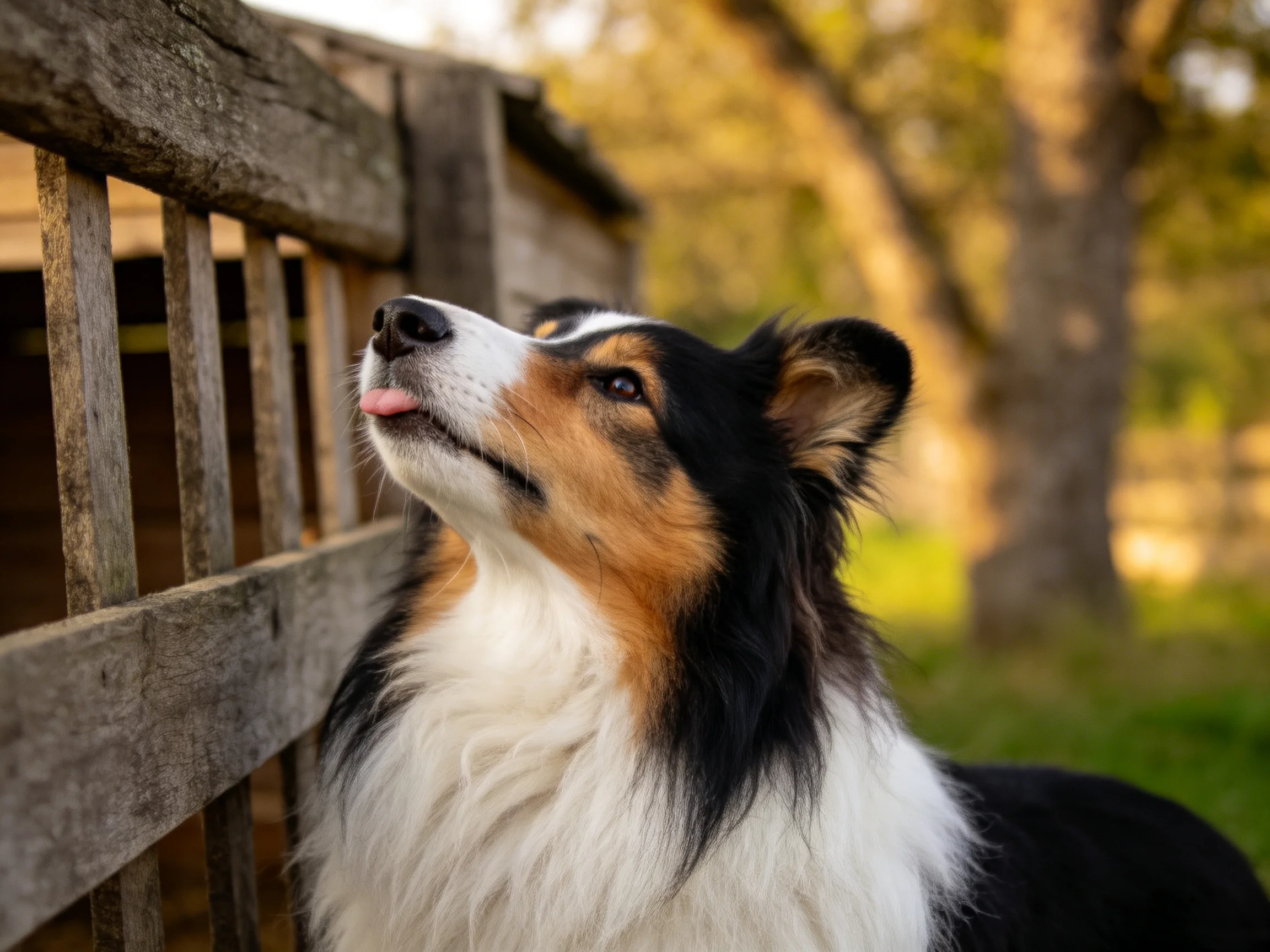一只边境牧羊犬，拥有黑、白、棕三色毛发，正抬头看向上方，周围有木质围栏和树木。