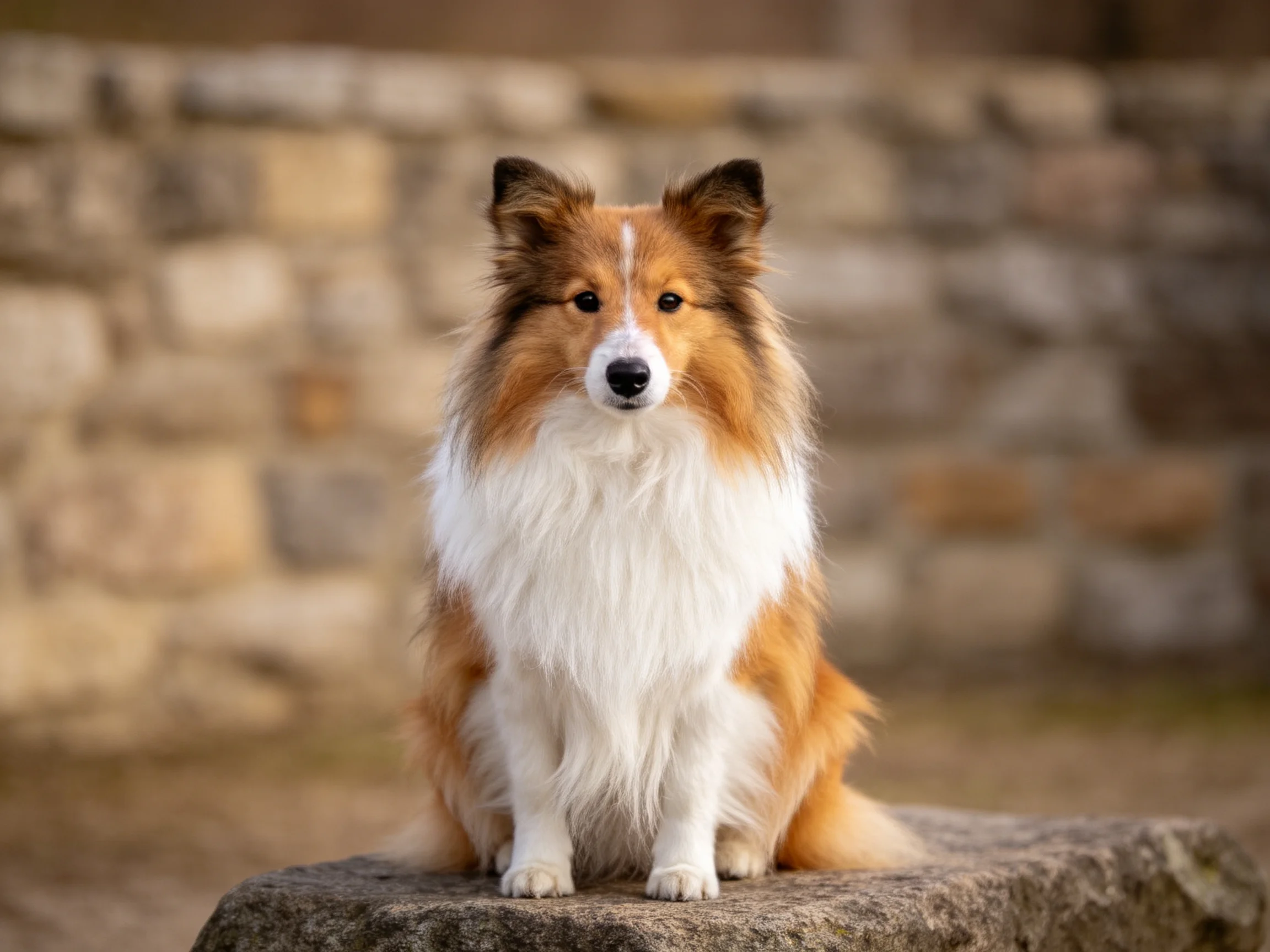 设得兰牧羊犬安静地坐在石块上，棕白相间的毛发蓬松柔软，眼神专注。