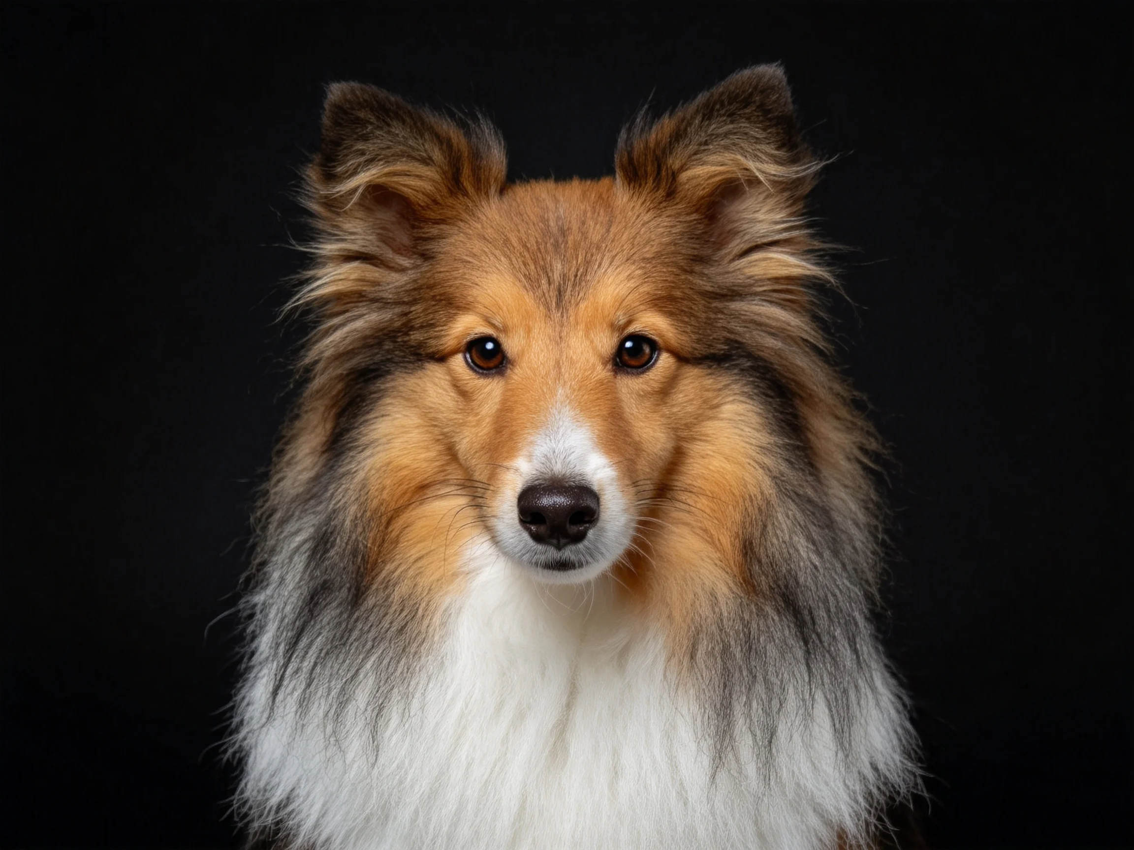 设得兰牧羊犬特写镜头，展现其棕白相间的毛发与温和的眼神神态。