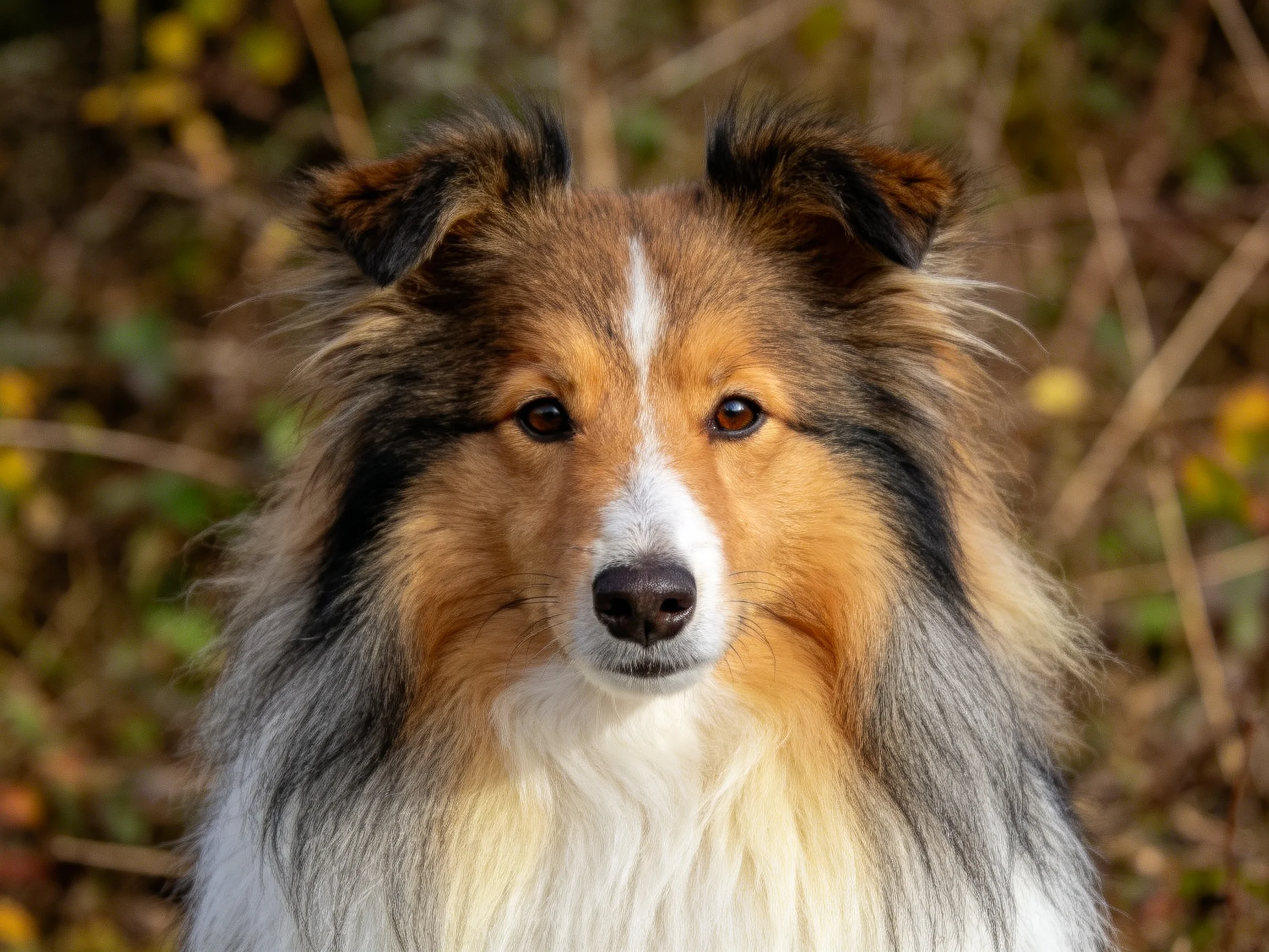 一只苏格兰牧羊犬，拥有棕白黑相间的蓬松毛发，眼神温和注视前方。