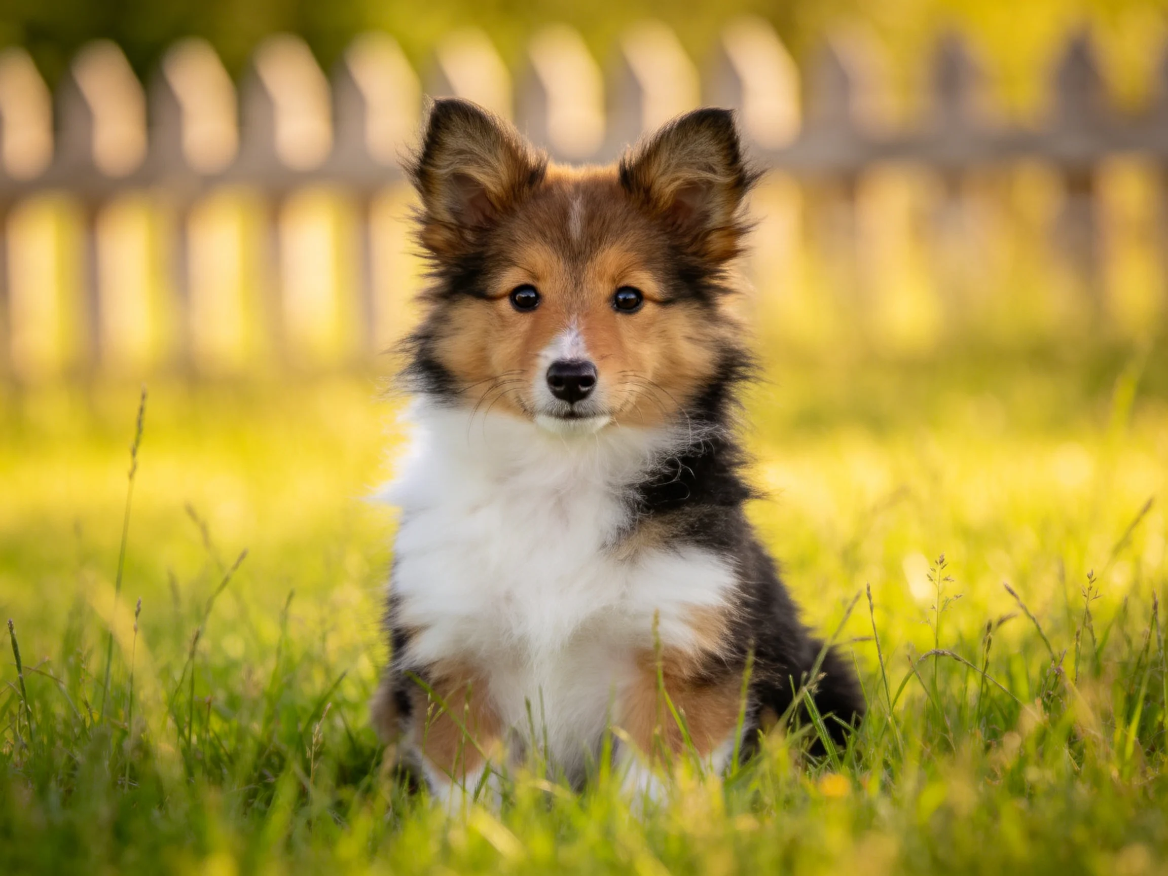 一只毛色黑棕白相间的苏格兰牧羊犬幼崽,毛发蓬松贴在胸前。