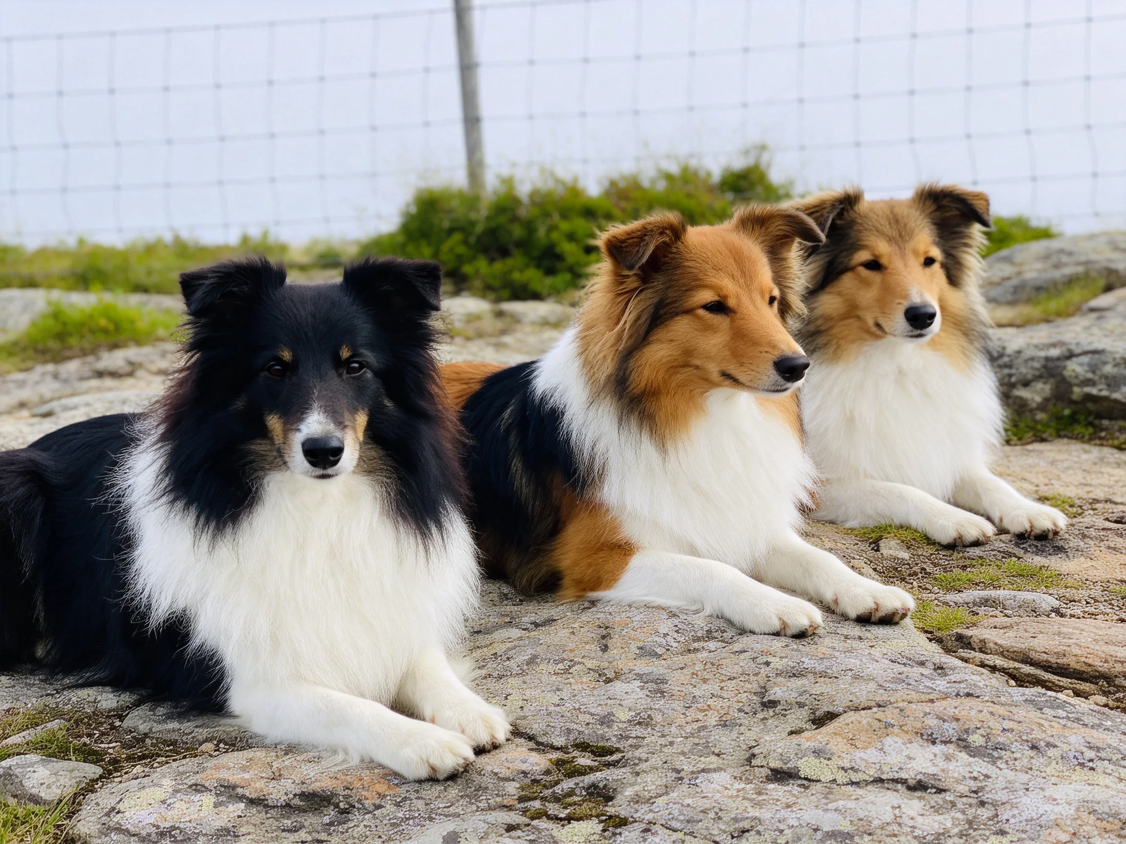 三只设得兰牧羊犬安静地躺卧在岩石上,毛发呈现出黑白色与棕白色相间的色彩,姿态放松,前爪伸展。