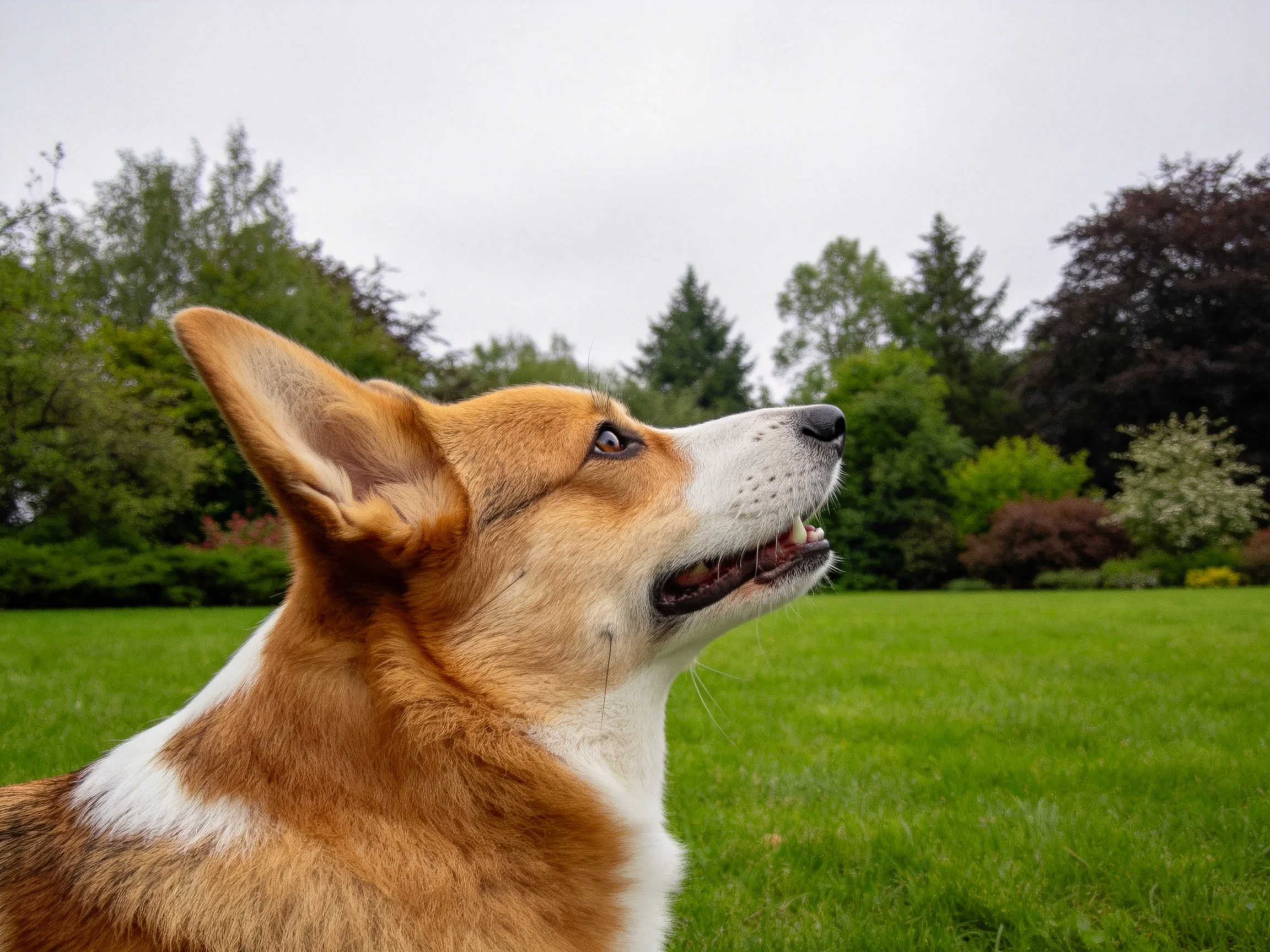 一只威尔士柯基犬,耳朵直立立,眼神专注地望向远方。
