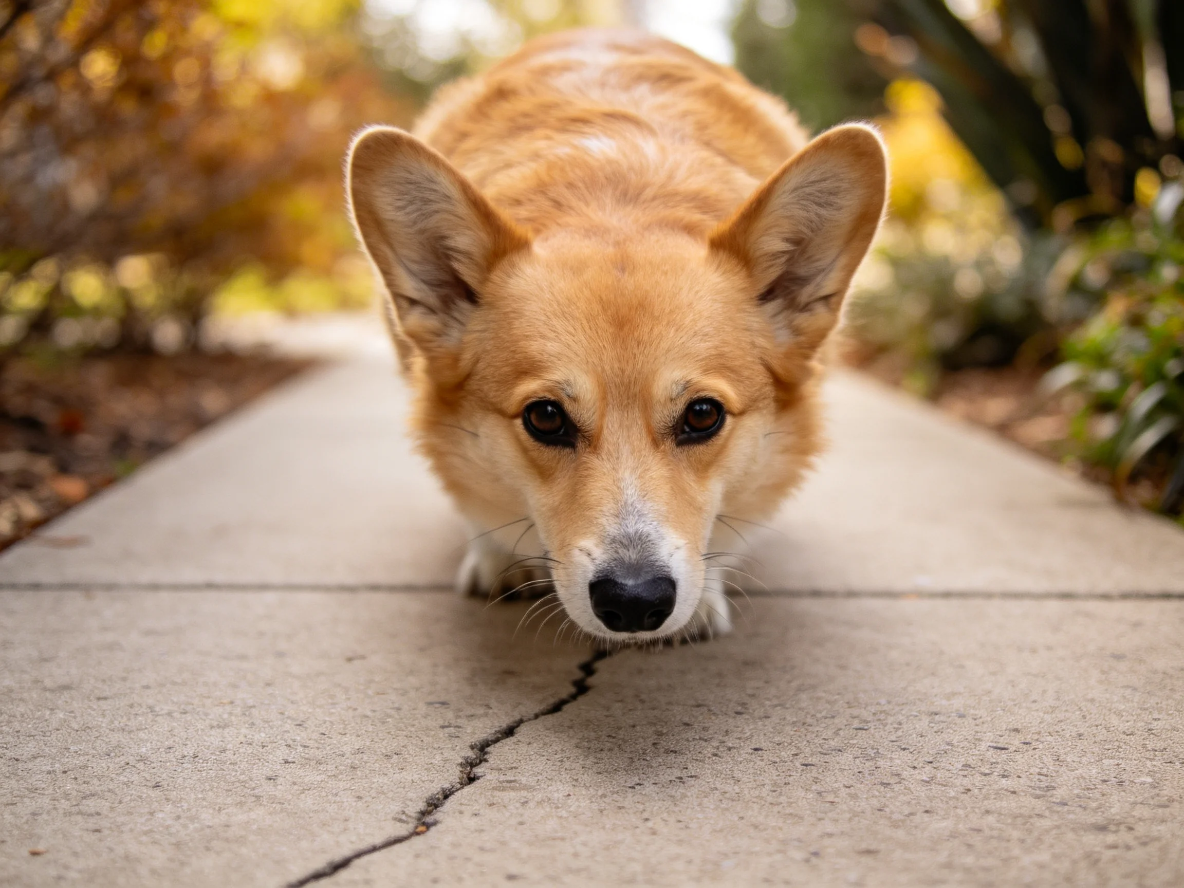 威尔士柯基犬以低角度姿态出现,其红棕色毛发柔软,黑色鼻头清晰可见。