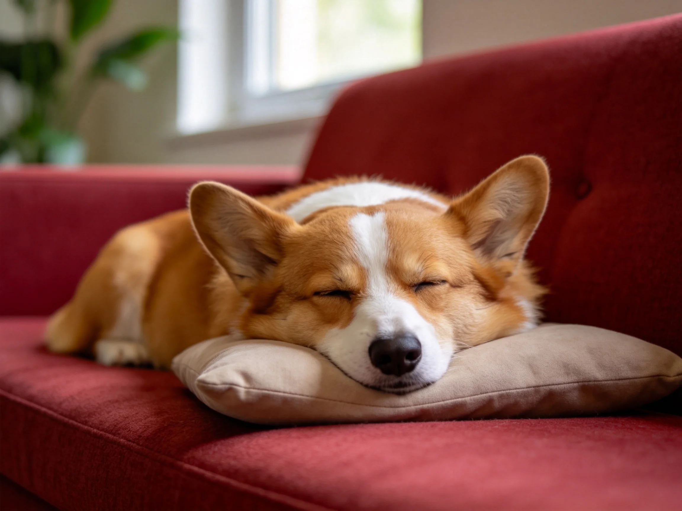 一只柯基犬闭着眼睛躺在浅棕色抱枕上,黄白相间的毛发清晰可见。
