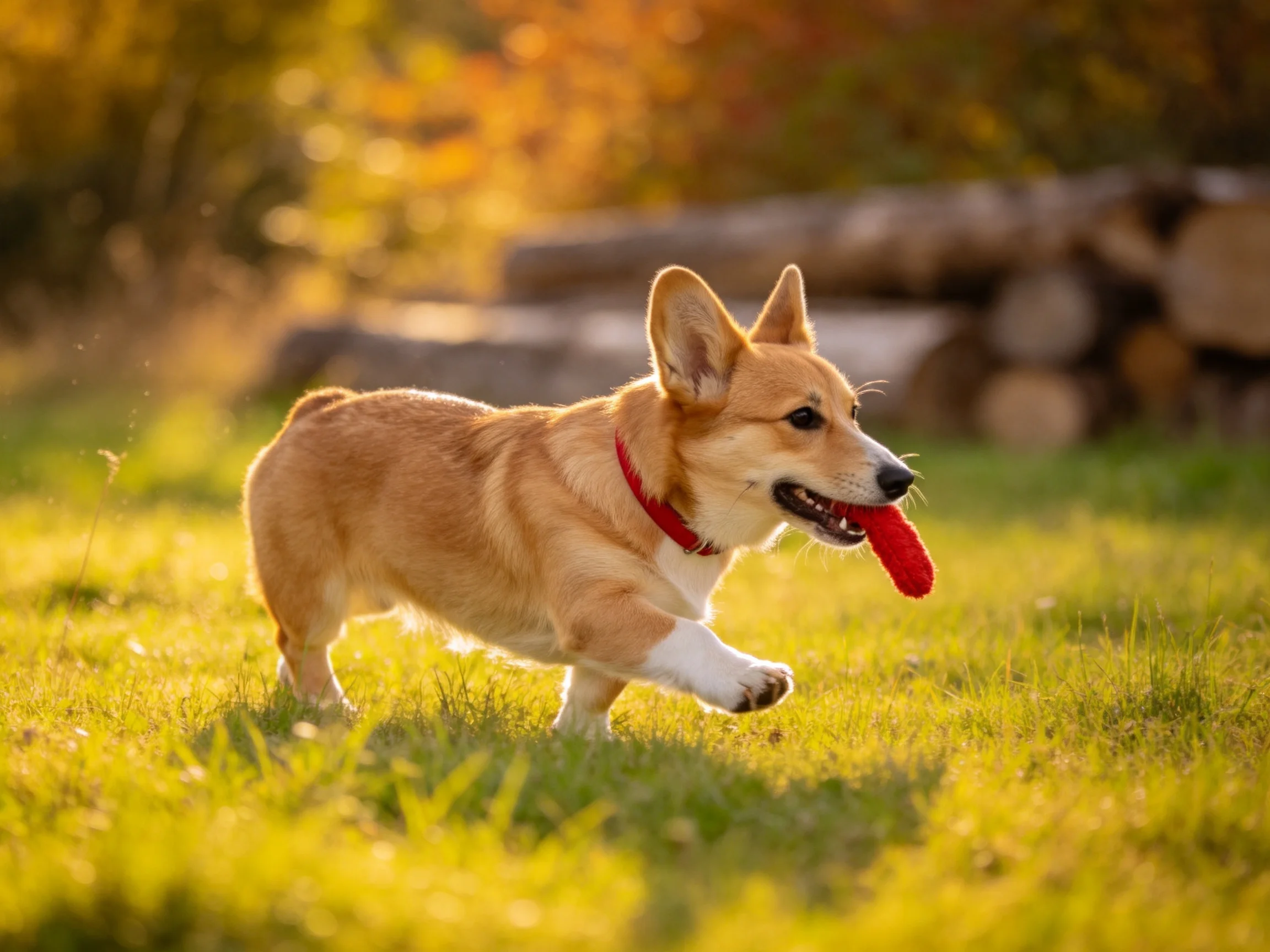 柯基犬叼着红色玩具,浅棕色毛发带有白色爪部,嘴巴张开露出牙齿。