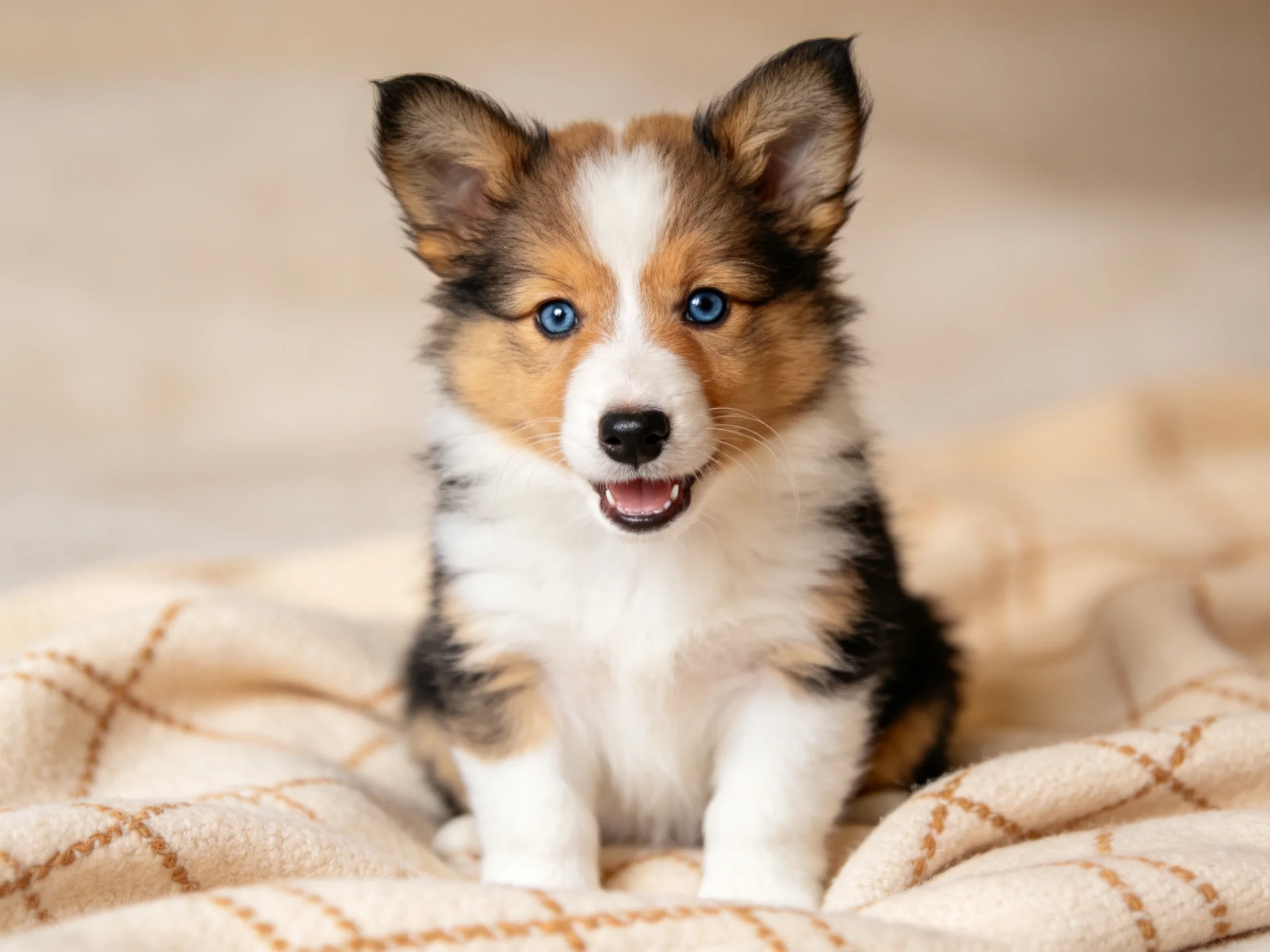 三色威尔士柯基幼犬拥有明亮的蓝色眼眸与蓬松柔软的毛发。